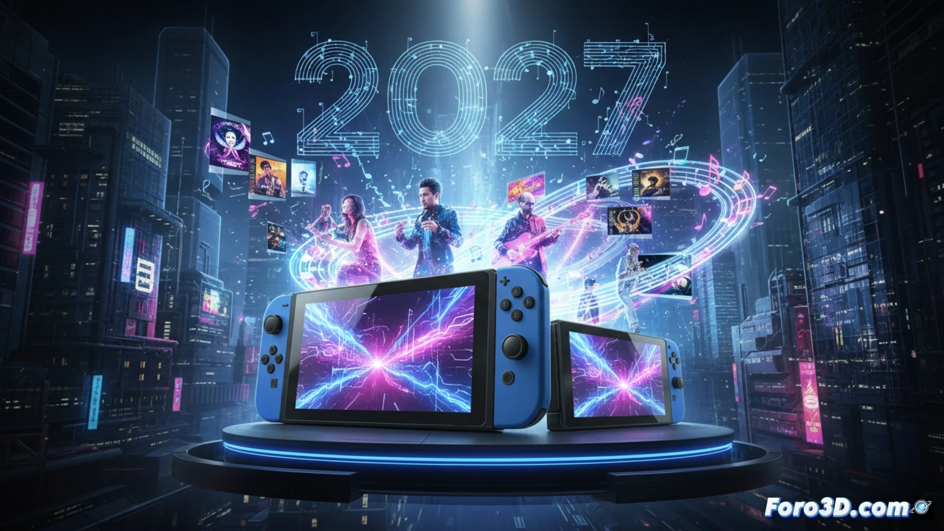 Nintendo Switch 2 dock station conectada a TV mostrando Cytus II gameplay, dedos deslizándose sobre pantalla táctil del dispositivo portátil mientras notas musicales brillantes emergen del ritmo, auriculares inalámbricos sobre la consola, biblioteca digital con interfaz de lista de canciones desplegada en segundo plano, cables HDMI y cargador USB-C conectados, estilo cinematic photorealistic, iluminación neón azul y rosa reflejándose en la superficie negra mate del hardware, partículas de energía pulsando al compás de la música, profundidad de campo enfocando la acción rítmica, ultra-detallados circuitos internos visibles en la parte trasera translúcida del dock, render técnico de alta fidelidad.