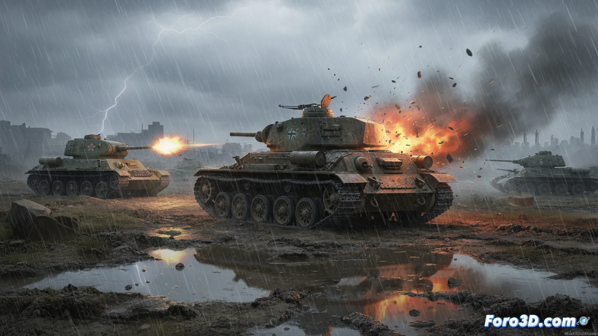 Captura de War Thunder con tanque destruido, tormenta de nieve y reflejos por ray tracing en tiempo real