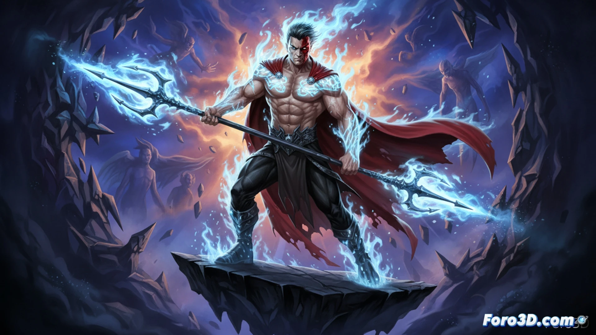 Daimon Hellstrom, con tridente de vibranium, canaliza fuego del alma en una batalla infernal. Su rostro refleja la dualidad entre demonio y humano.