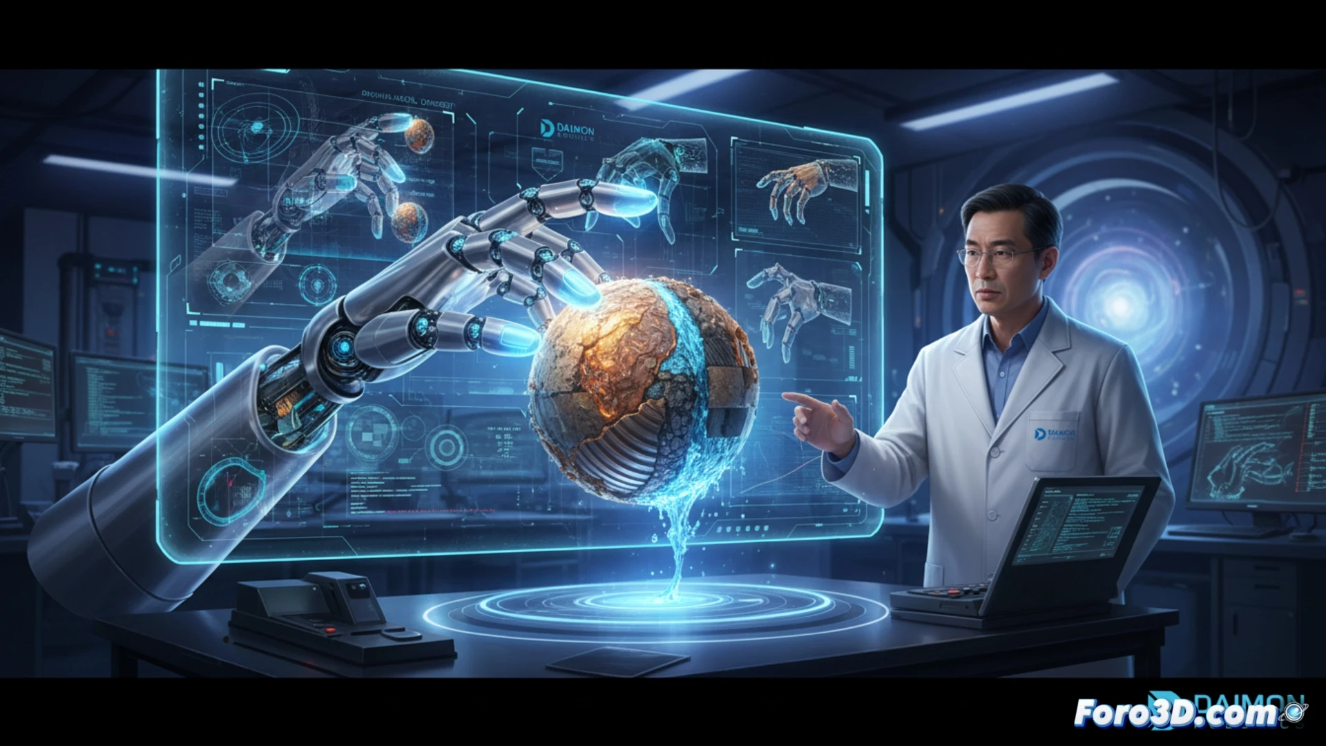 Un robot con manos humanoides toca una superficie texturizada, mientras sensores y datos multimodales brillan a su alrededor.