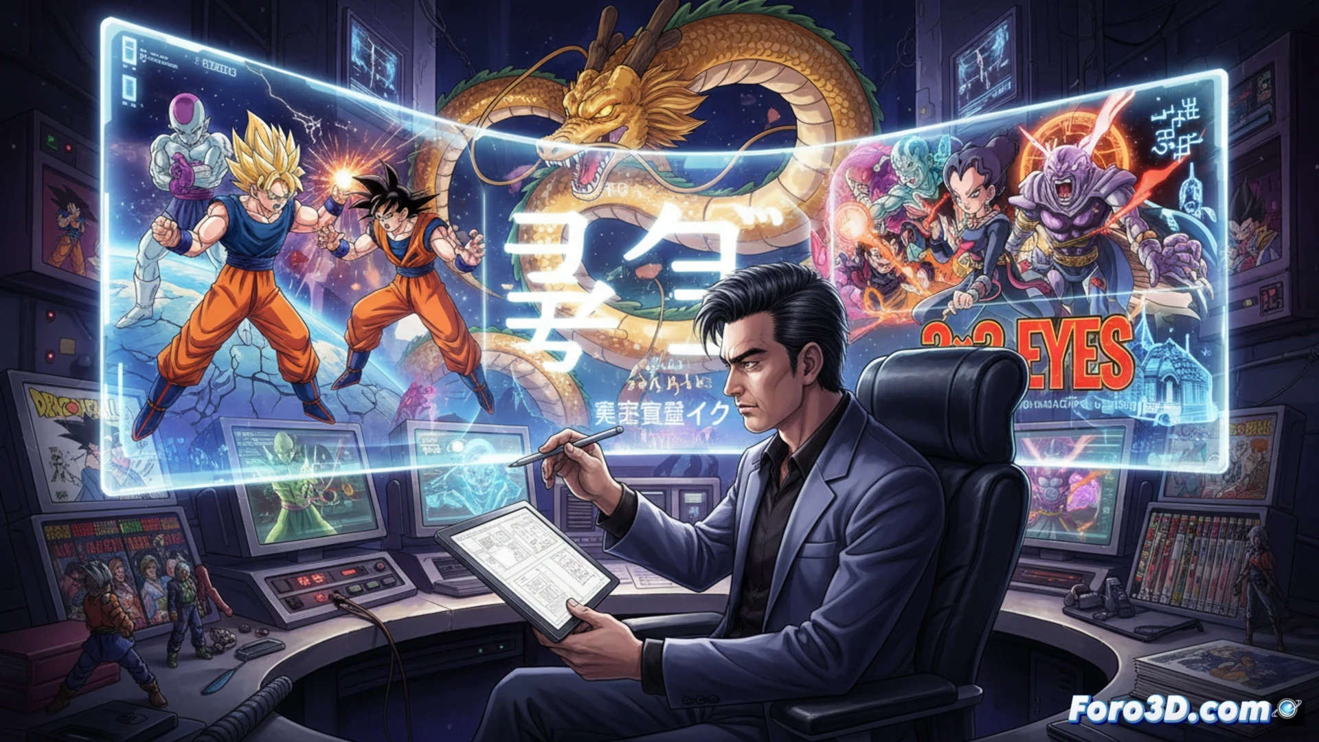 Daisuke Nishio directing a Dragon Ball Z battle scene, Goku and Frieza mid-air clash on Namek, energy beams colliding with explosive sparks, storyboard panels visible on a slanted desk, director pointing at a frame while holding a pencil, Toei Animation studio background with light tables and animation cels, cinematic technical illustration, dramatic lighting from desk lamp, dynamic action pose, pencil sketches scattered, glowing aura effects, photorealistic engineering visualization, motion blur on combatants