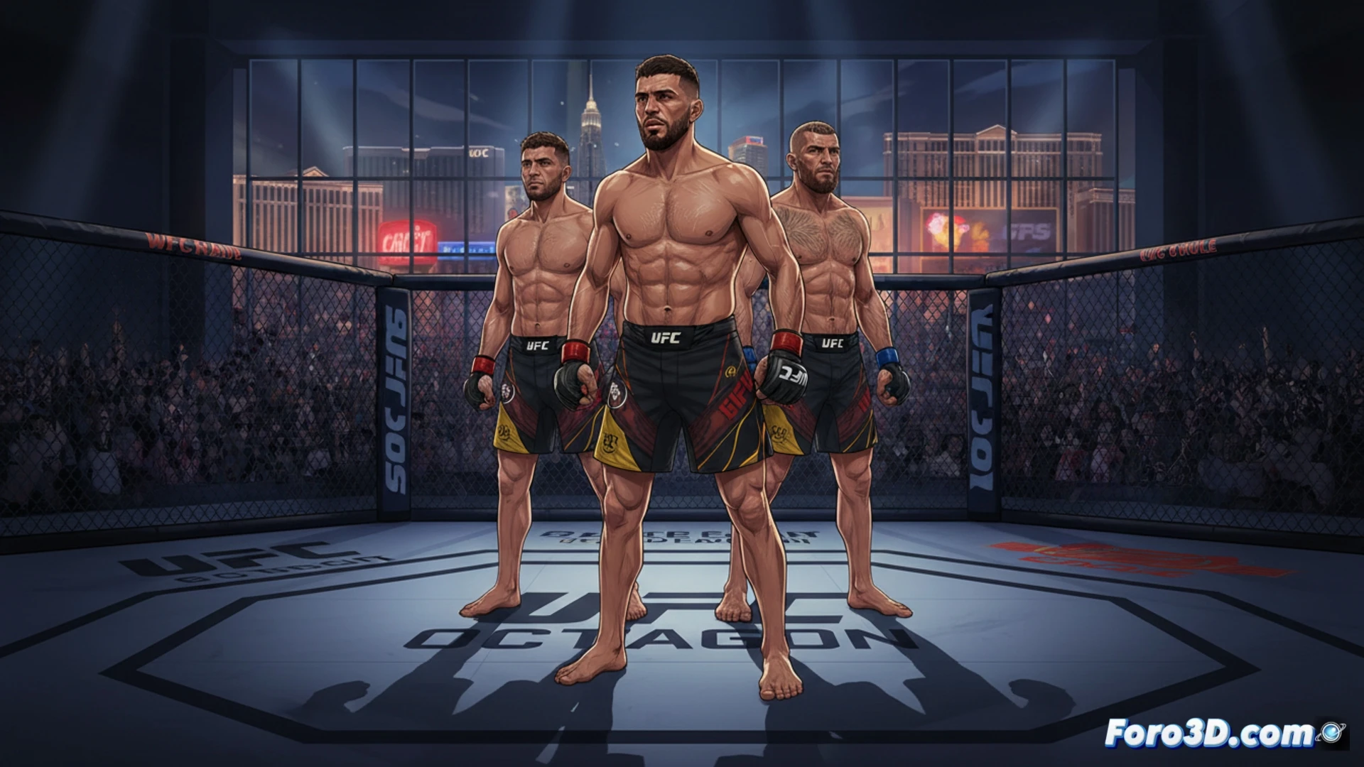Mixed martial arts fighter in blue shorts executing a spinning backfist technique against opponent in red shorts, both inside UFC octagon cage, crowd blurred in background, intense action moment, punch mid-impact with sweat droplets flying, octagon floor with UFC logo visible, dramatic arena lighting from above, red and blue glove details, muscular physiques under strain, cinematic sports photography, low angle shot, high contrast shadows, motion blur on cage fence, photorealistic combat sports visualization
