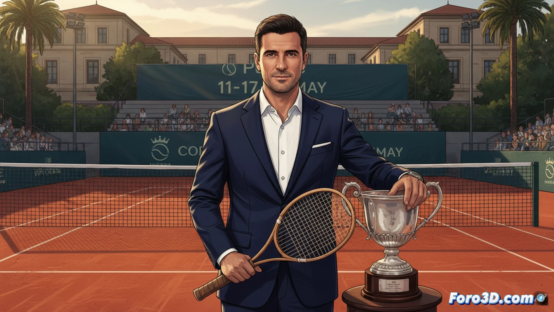 Dani Gimeno Traver sonríe en la pista central del Club de Tenis Valencia, con raqueta en mano y el cartel de la Copa Faulconbridge al fondo.