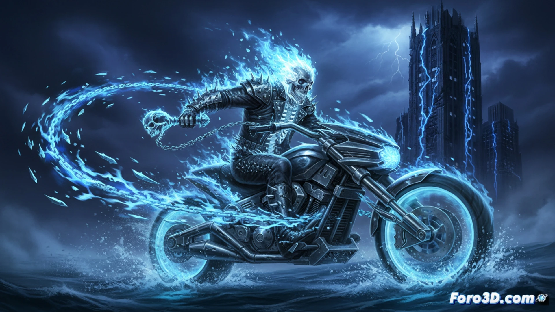 Danny Ketch Ghost Rider con fuego azul, cadena mística en acción, moto sobre pared vertical, noche tormentosa.