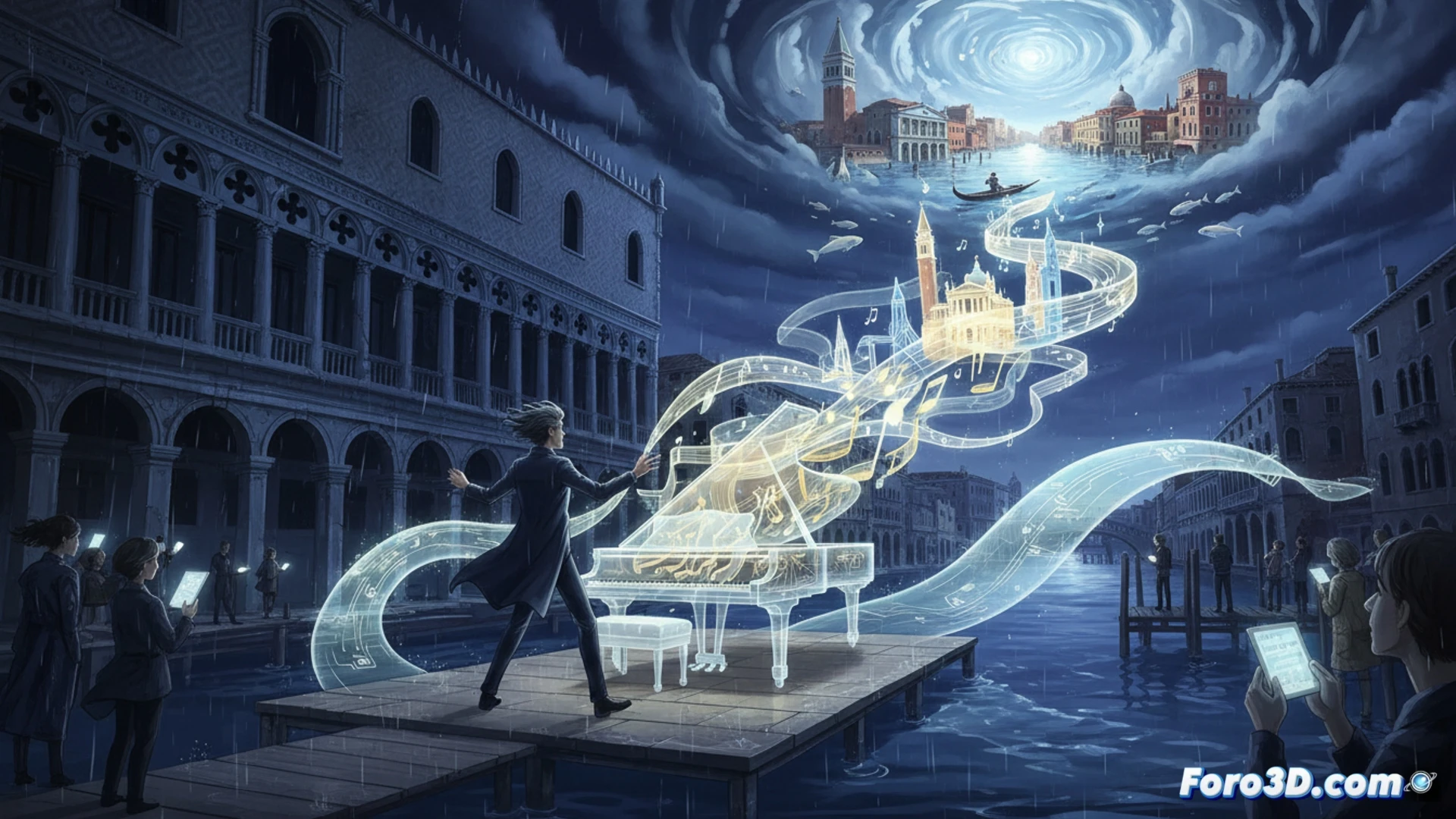A Steinway piano con sistema Spirio tocando solo en una sala de exposición vacía de la Bienal de Venecia, teclas moviéndose sin pianista mientras una pantalla táctil muestra mensajes de visitantes transformándose en partituras visuales, cables conectando el piano a un módulo de inteligencia artificial con luces LED parpadeantes durante el proceso de conversión musical, reflejos de agua de canales venecianos proyectados en las paredes de piedra, estilo cinematográfico fotorrealista, iluminación tenue con haz de luz cenital sobre el piano, atmósfera melancólica y técnica, texturas de madera pulida y metal brillante, sombras dramáticas, alta definición