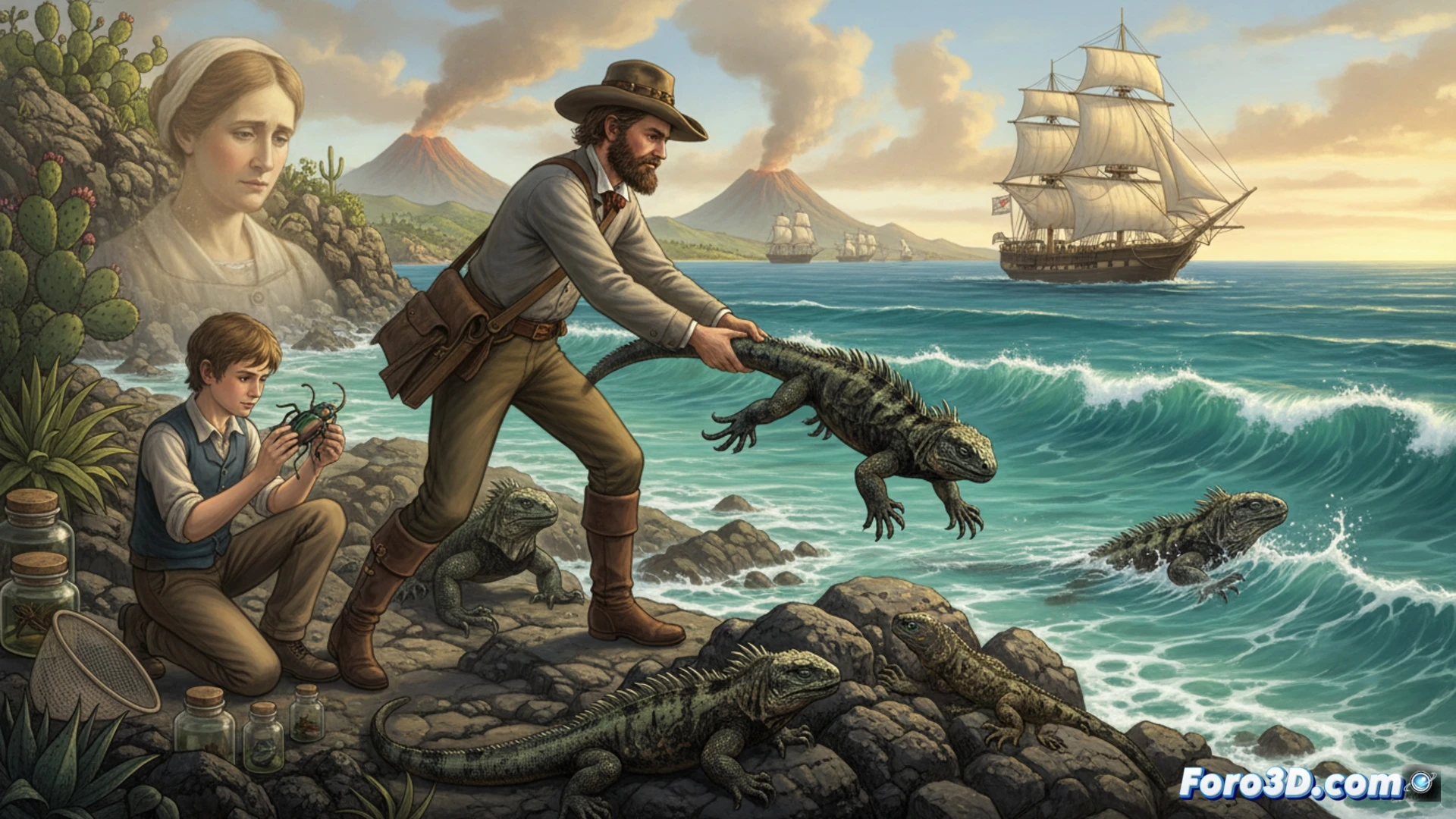 Charles Darwin en la cubierta del HMS Beagle durante una tormenta, arrojando una iguana marina verde al océano, mostrando el reptil cayendo en espiral hacia las olas mientras el científico observa con libreta de apuntes en mano, proceso de experimentación científica, elementos técnicos: brújula náutica, cuaderno de bitácora con bocetos, barómetro de mercurio colgado, instrumentos de medición meteorológica, estilo cinematográfico histórico, luz crepuscular dorada, detalles realistas de madera húmeda y cuerdas, nubes oscuras de tormenta, fotorealismo técnico, composición dramática con acción visible.