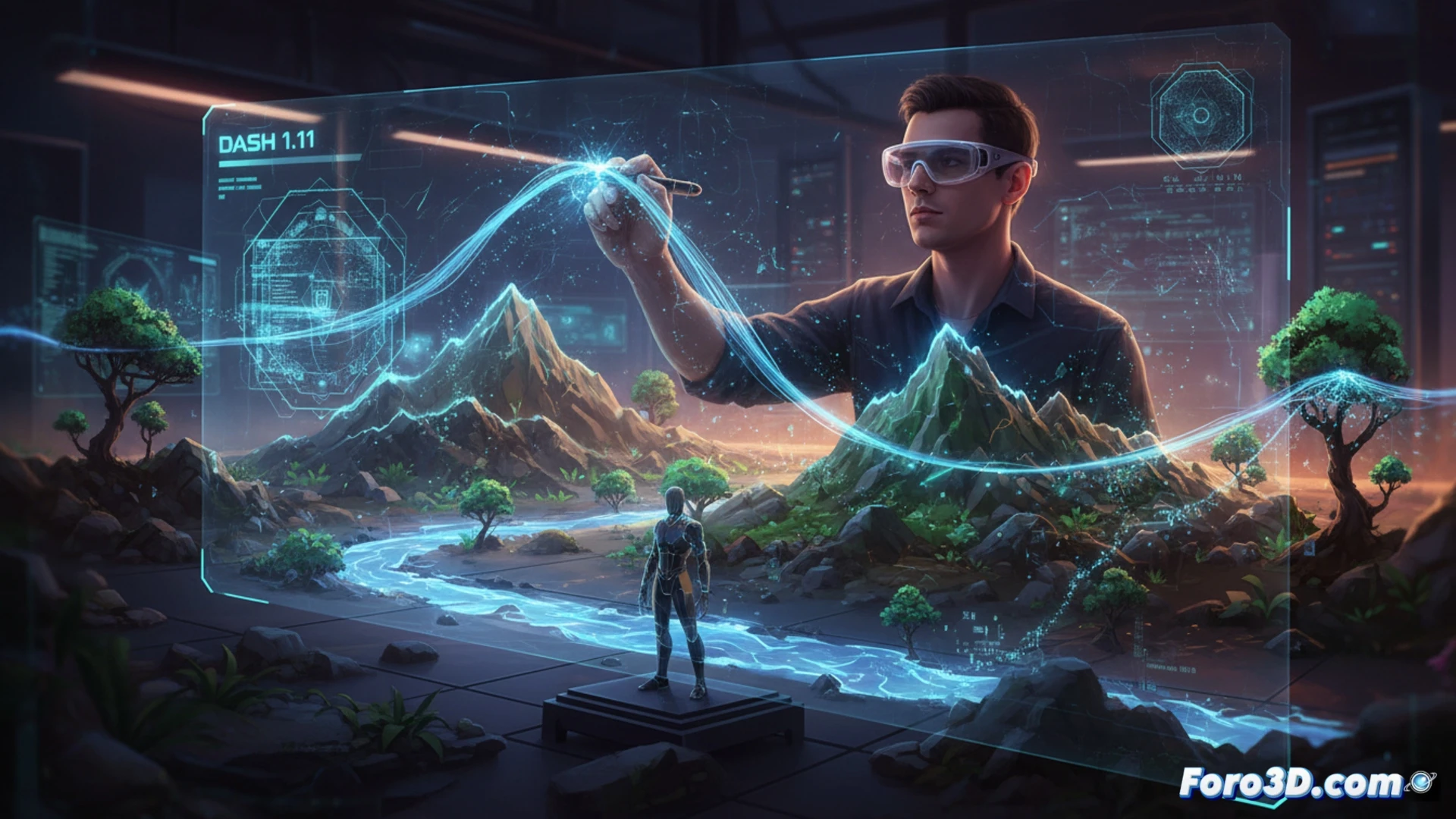 digital artist drawing a lush forest environment directly onto the Unreal Engine 5 viewport using a stylus, no menus or windows visible, floating brush strokes creating trees and terrain in real time, glowing blue grid lines and wireframe overlay, cinematic technical illustration, dramatic volumetric lighting, high-contrast shadows, photorealistic textures on foliage, sleek dark monitor and keyboard setup, motion blur on hand movement, particle effects swirling around the brush tip, ultra-detailed game development workspace
