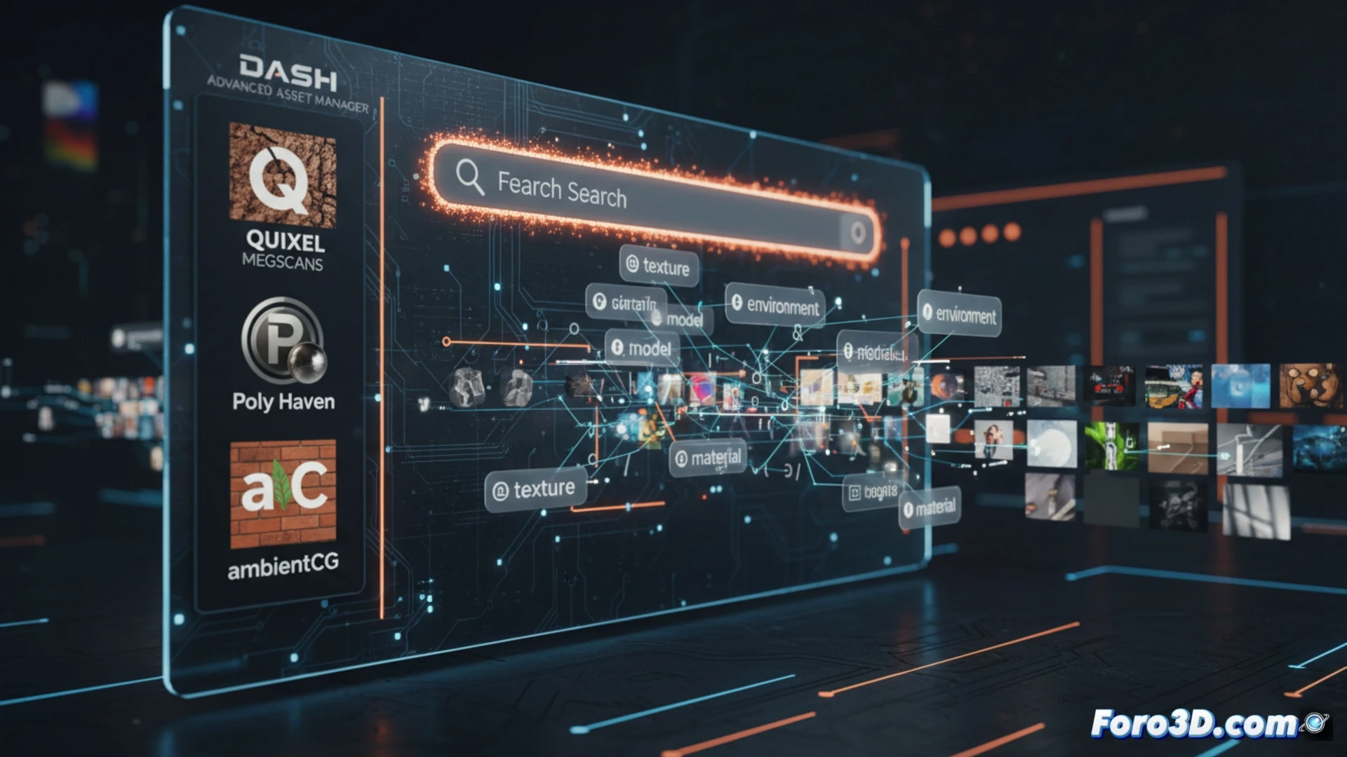 Interfaz futurista de gestión de activos 3D con barra de búsqueda difusa, iconos de Quixel, Poly Haven y ambientCG, y cuadrícula de texturas PBR etiquetadas.