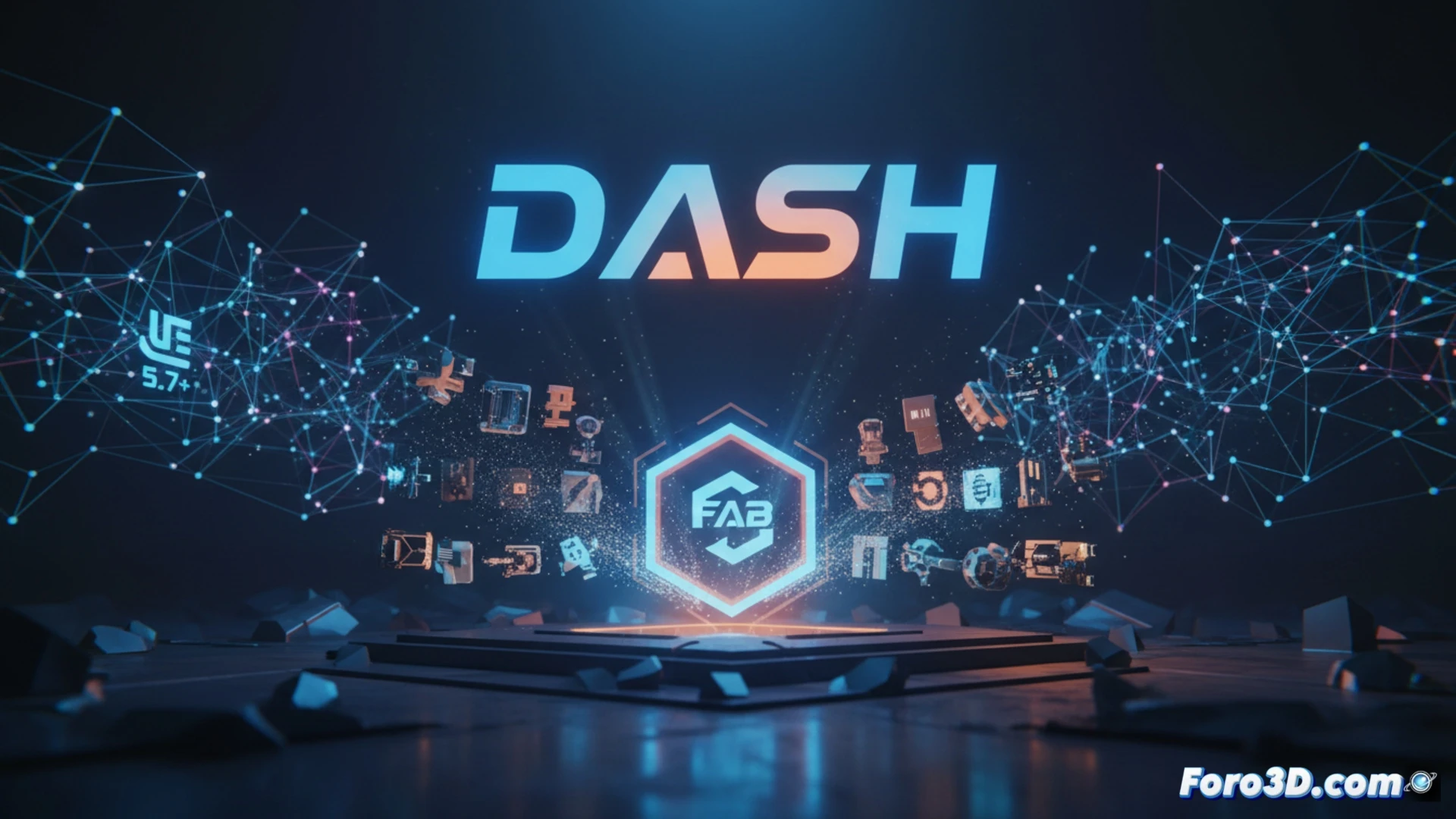 Una interfaz de Unreal Engine 5.7 muestra el panel de Dash Asset Manager, con una cuadrícula de assets organizados y una barra de búsqueda activa, junto a un mensaje de advertencia sobre la coexistencia con la versión completa de Dash.