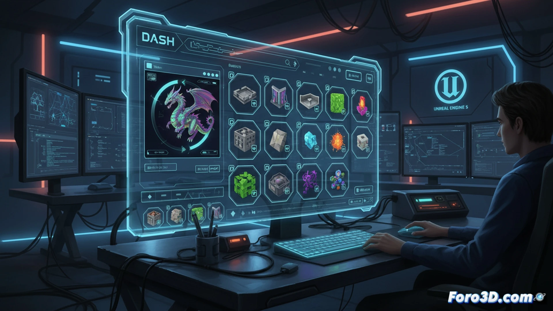 Una interfaz futurista de Unreal Engine 5 muestra el panel de Dash, con assets etiquetados y búsqueda rápida, sobre un caótico fondo de carpetas.