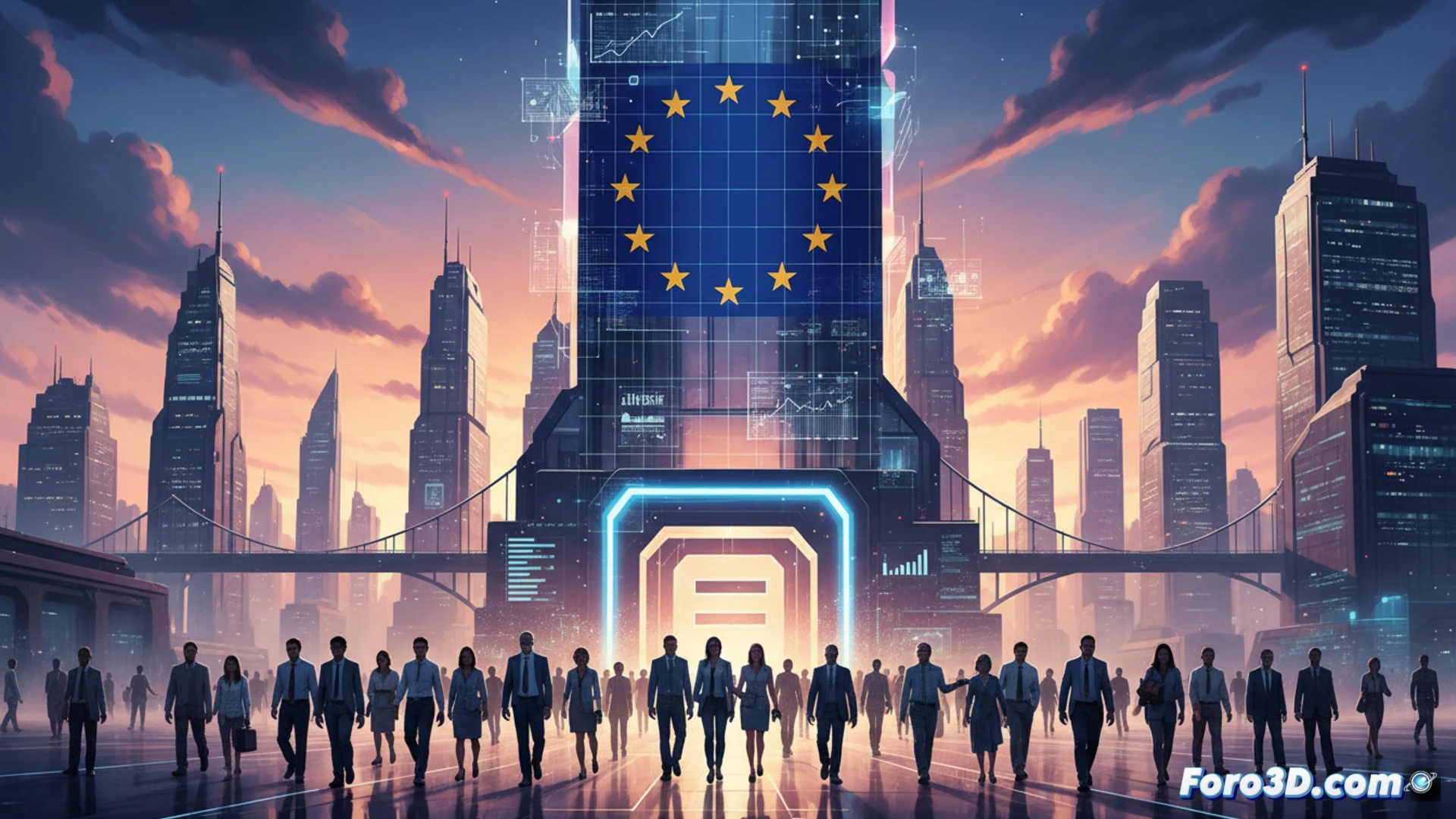 Una sala de reuniones en La Haya con gráficos digitales sobre diversidad, empresarios y representantes de la UE debatiendo datos de igualdad.