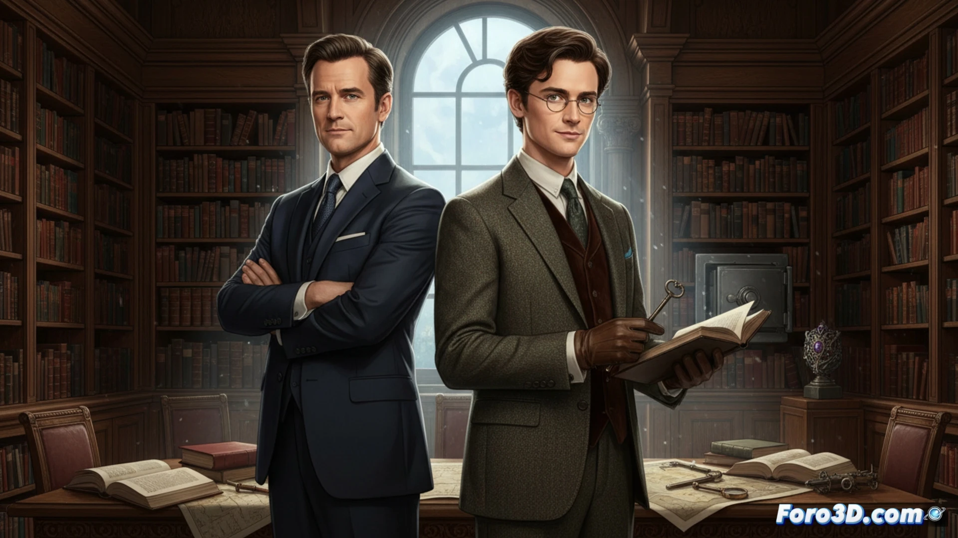 elegant man in tailored suit inside dimly lit rare book library, holding a leather-bound volume while slipping a vintage lockpick into a glass display case, shelves of antique books and a laptop showing security camera feed, motion blur on his gloved hand during the delicate action, cinematic photorealistic style, dramatic amber light from desk lamp contrasting with cool blue monitor glow, polished hardwood floor reflecting shadows, ultra-detailed textures on book spines and brass fixtures, technical illustration aesthetic