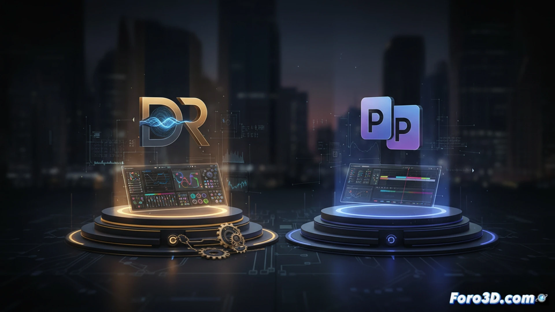 Dos monitores lado a lado: izquierdo con interfaz de DaVinci Resolve y rueda de color, derecho con línea de tiempo de Premiere Pro y logos de Adobe.