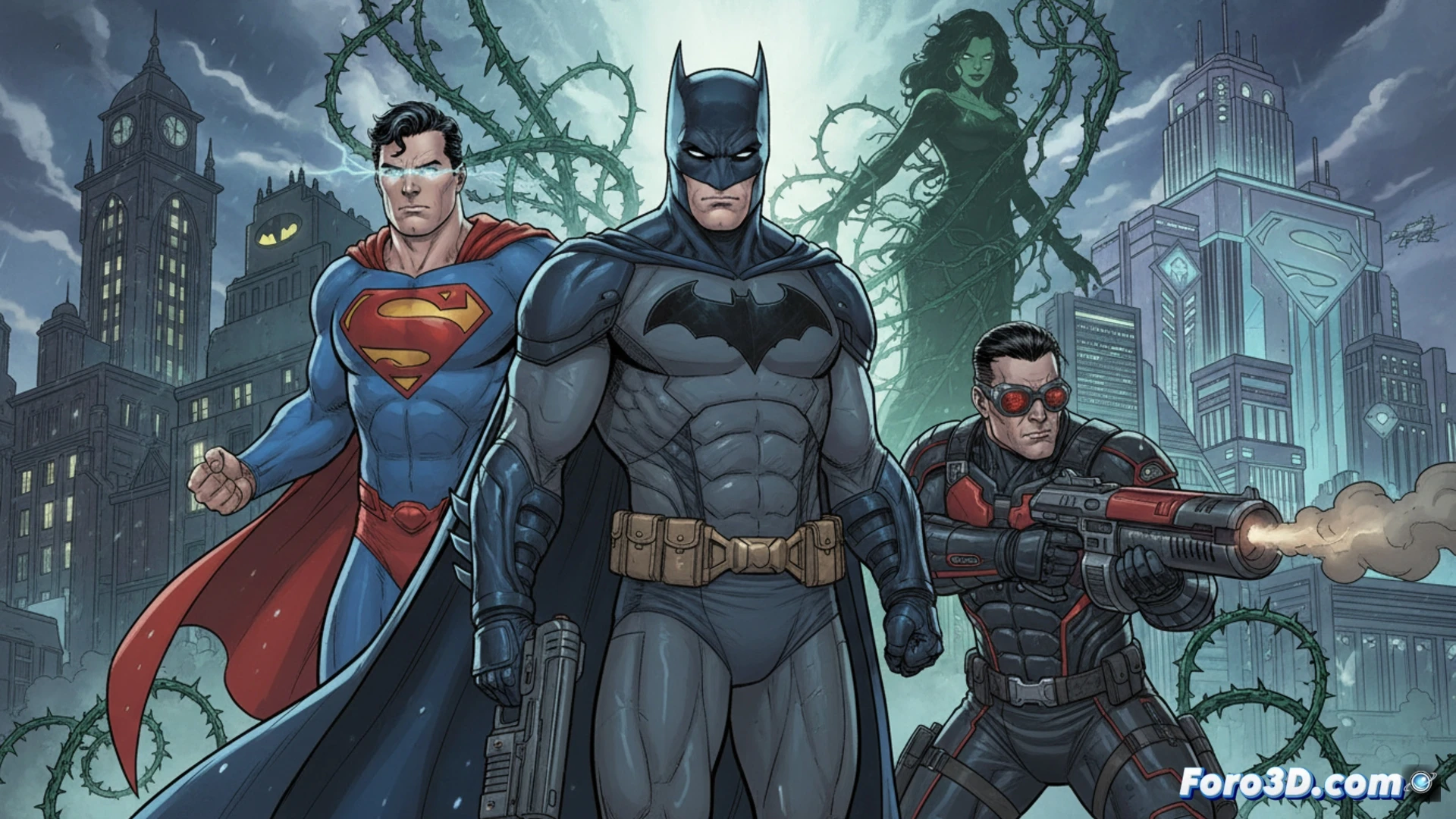 Three iconic DC heroes converging in a single action scene, Batman grappling from a Gothic rooftop while Superman hovers above a city skyline, Deadshot aiming a high-tech wrist-mounted rifle from a broken skyscraper ledge, crosshairs targeting a distant explosive device, cinematic comic book style, dynamic motion blur, dramatic backlighting with sunset orange and deep blue shadows, rain-slicked metallic surfaces, detailed urban architecture, photorealistic digital painting, intense eye contact between characters, smoke trails from Deadshot's gun, Bat-rope tension lines, Superman's cape billowing in high wind, gritty textured concrete and steel, high contrast lighting, 8k detailed render.