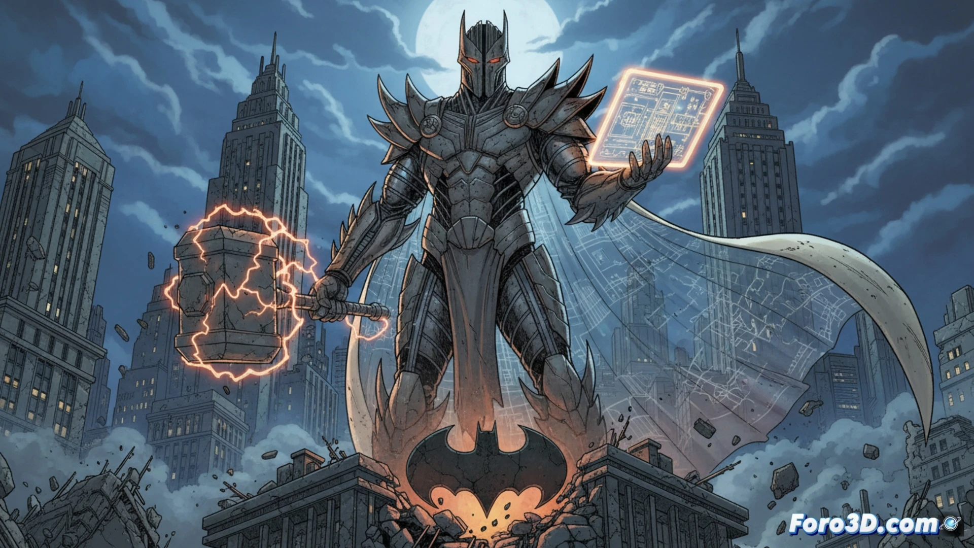 Descripción (80-120 caracteres): Un dibujo conceptual de un nuevo villano sombrío con capa y máscara, frente a un letrero de Gotham, rodeado de bocetos de cómic y un lápiz sobre una mesa de diseño.