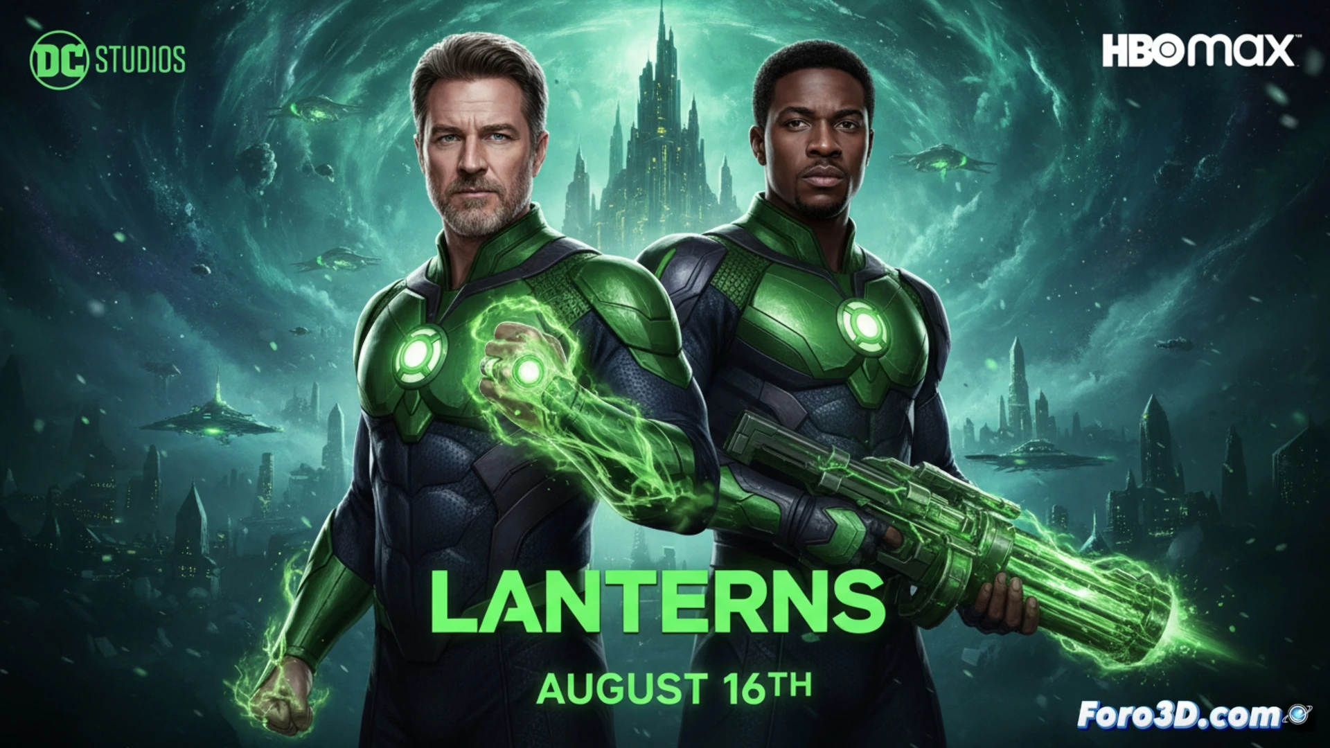 Dos linternas verdes, Hal Jordan y John Stewart, iluminan un callejón oscuro con sus anillos, listos para investigar.