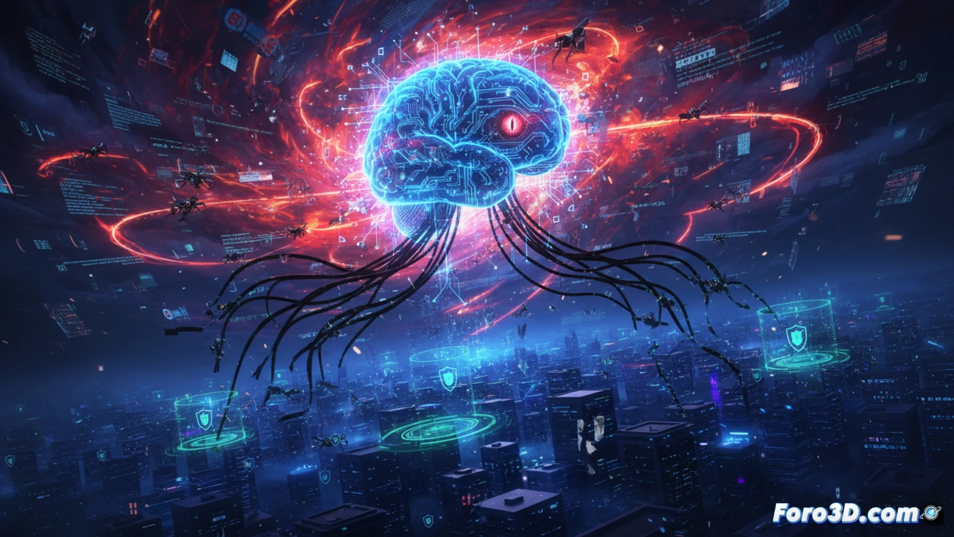 cinematic shot of a glowing AI brain-shaped network core inside a datacenter, streams of adaptive DDoS traffic flowing like liquid metal around vulnerable server racks, intelligent attack pulses morphing shape to bypass firewall shields in real-time, defensive AI nodes flickering as they fail to predict new attack vectors, dark server room with blue and red neon highlights, photorealistic technical visualization, dynamic motion blur on data streams, glowing circuit traces on server hardware, dramatic high-contrast lighting, ultra-detailed fiber optic cables and cooling systems