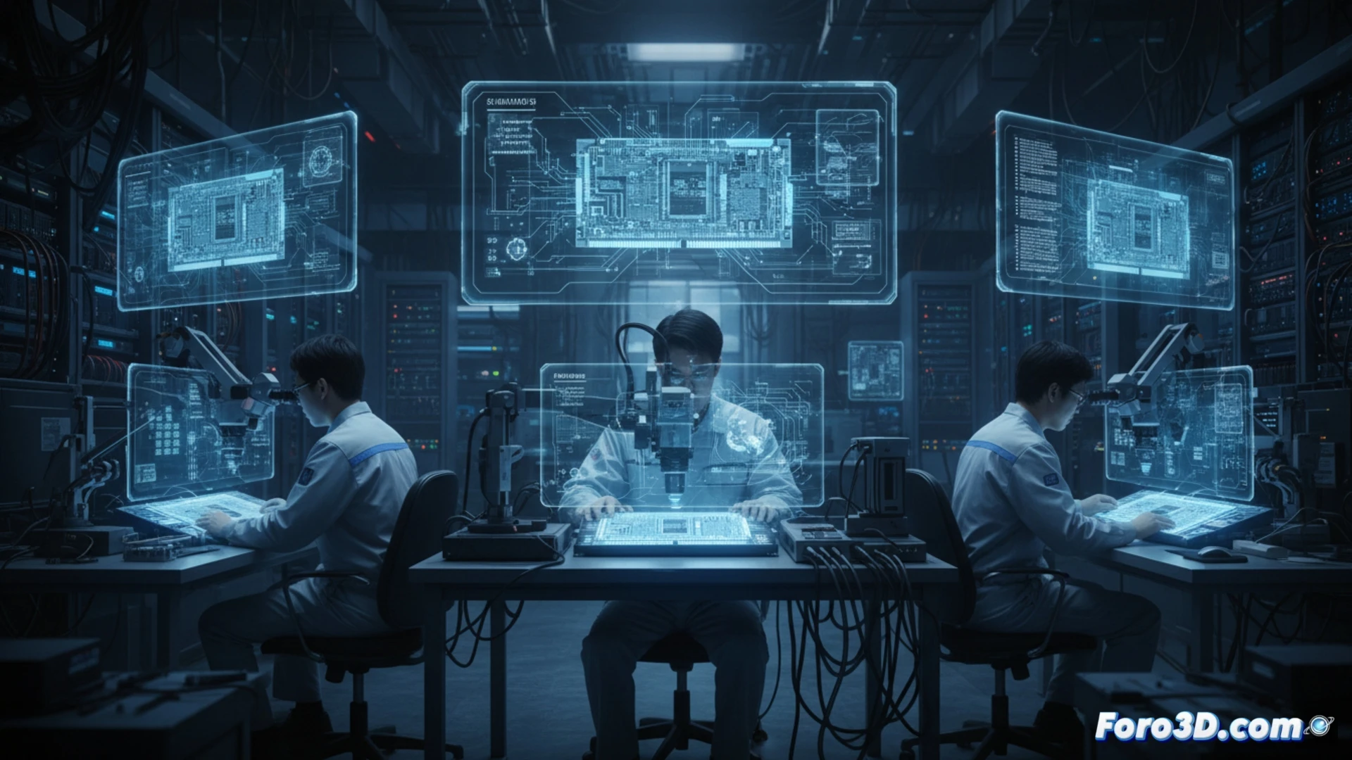 Un plano técnico futurista de un sustrato de memoria DDR6, con ingenieros analizando capas y conexiones, luces azules de laboratorio.