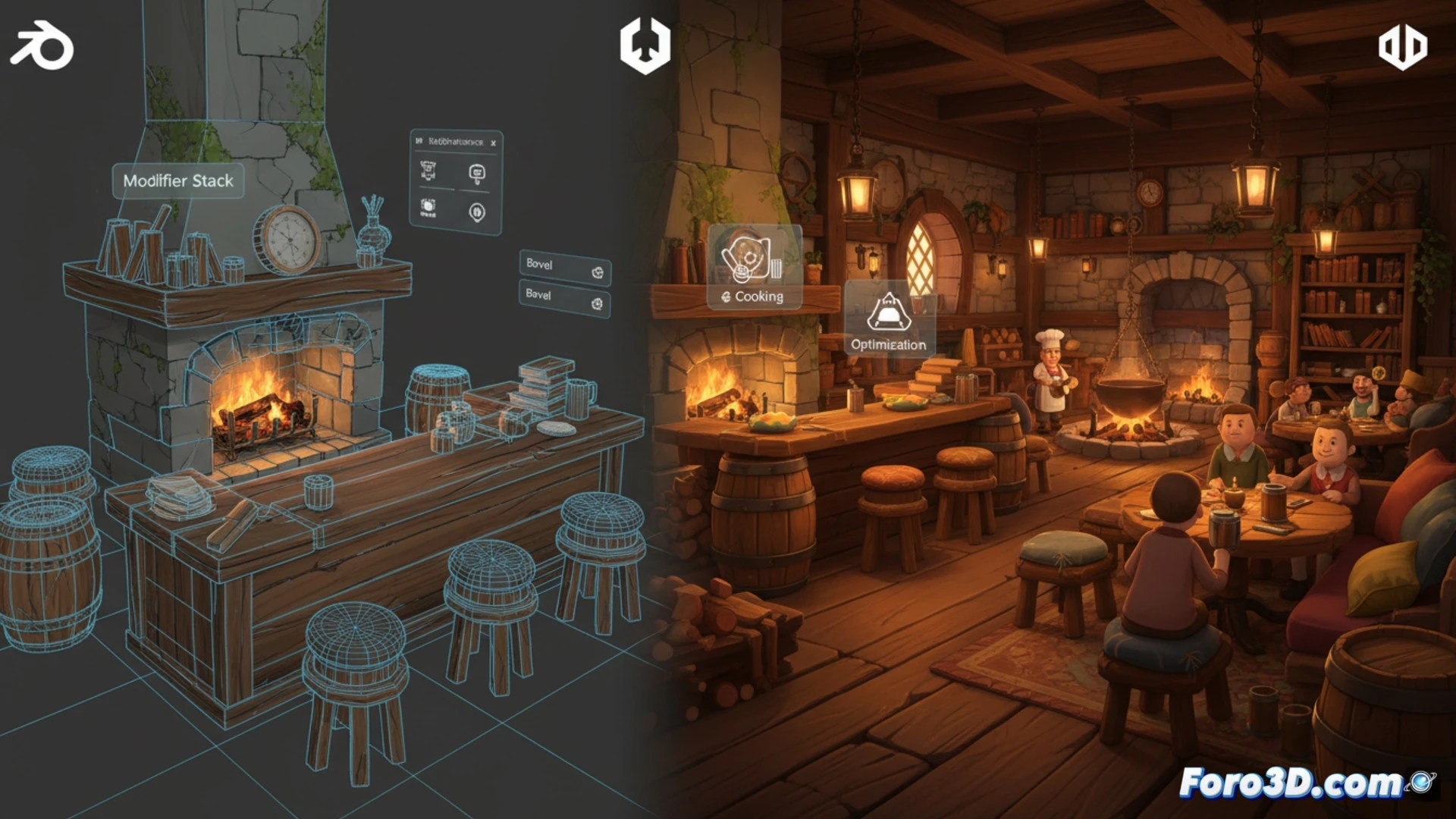 Interfaz de Tavern Manager Simulator con taberna iluminada por velas y personajes estilo comfy en Unity