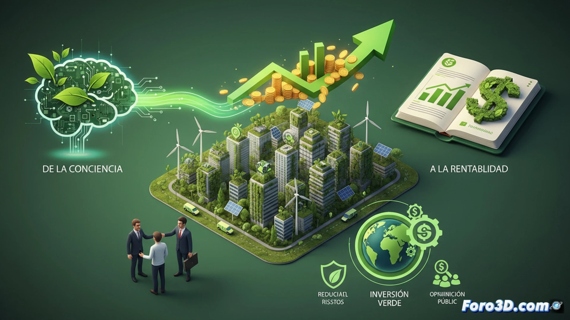 financial dashboard displaying green investment metrics, holographic ESG scores floating above a sleek desk, businessperson hand gesturing toward a glowing sustainability graph while carbon footprint data streams downward, solar panel array visible through floor-to-ceiling office window, wind turbines on digital twin model rotating in sync with real-time data, minimalist tech workspace, photorealistic engineering visualization, cool blue and green LED lighting, reflections on polished glass surfaces, data cables connecting to a quantum computing core, hyper-detailed circuit board patterns, cinematic corporate atmosphere, soft ambient glow from monitors
