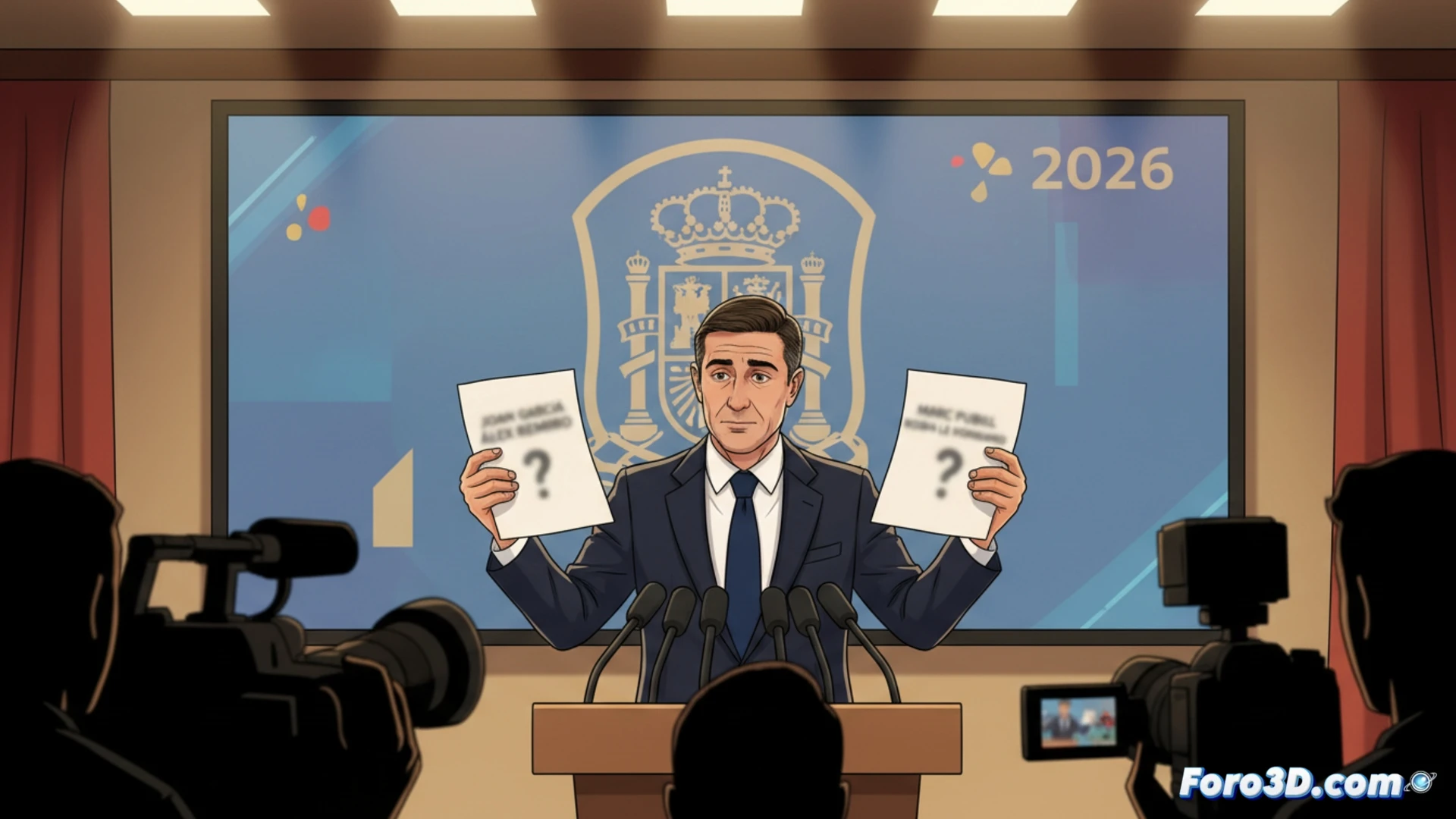 Luis de la Fuente señalando una pizarra digital con dos siluetas de futbolistas en zona de duda, mientras sostiene un tablet mostrando la lista de 26 jugadores con espacios marcados para portero y defensa central, fondo de vestuario con tres camisetas de guardametas colgadas y una cuarta opción destacada, estilo fotorealista cinematográfico, iluminación de estudio deportivo, enfoque nítido en gesto de explicación táctica, textura de ropa técnica y pantallas LED.