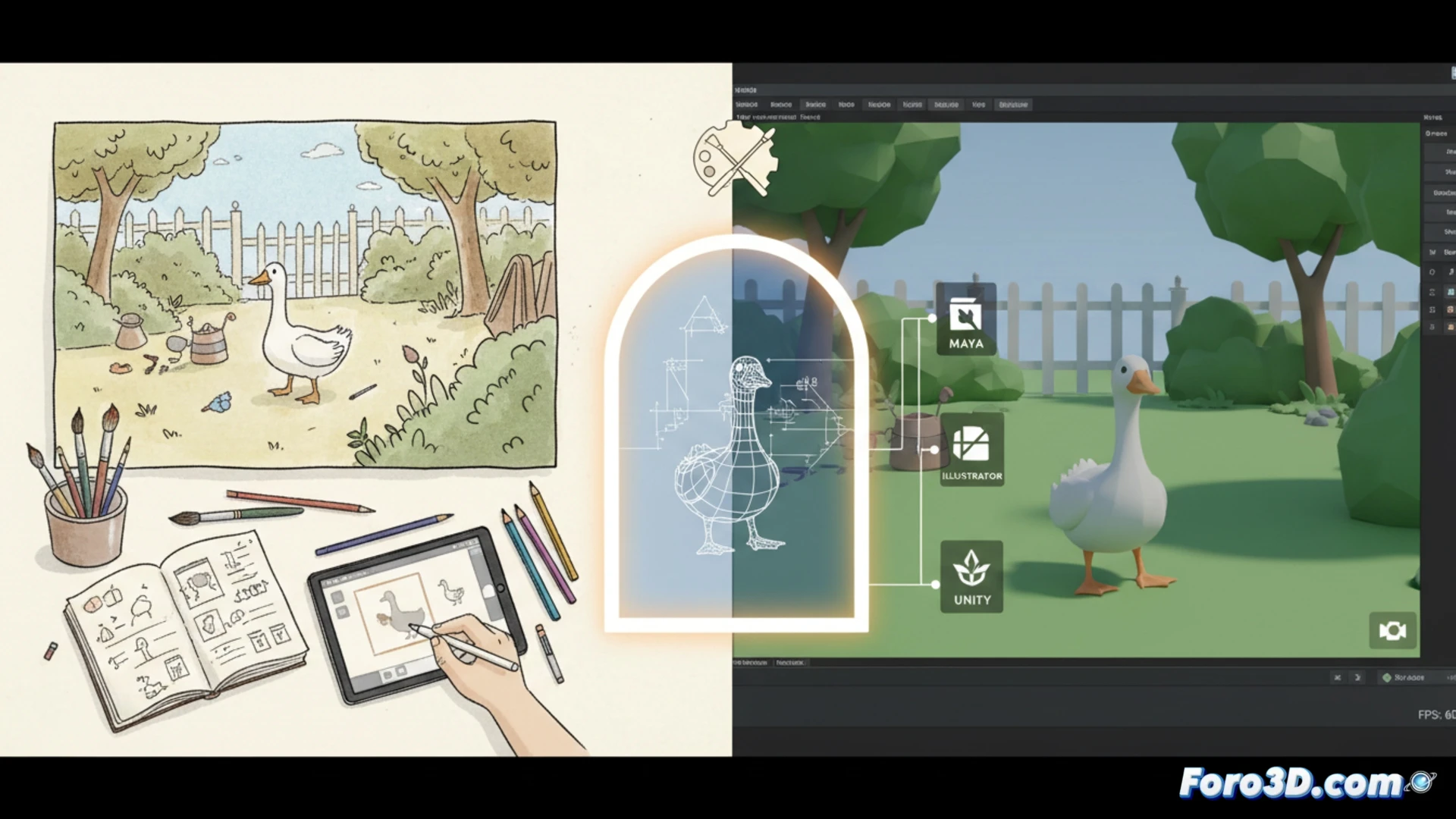 Ilustración de un ganso blanco en un pueblo verde con sombras planas estilo libro infantil