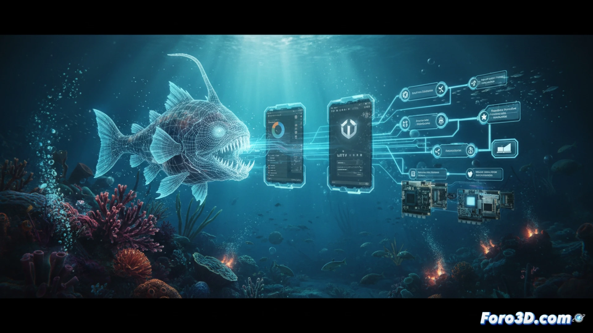 Criatura marina bioluminiscente emergiendo en oscuridad submarina, modelo 3D realista con iluminación volumétrica en Unity