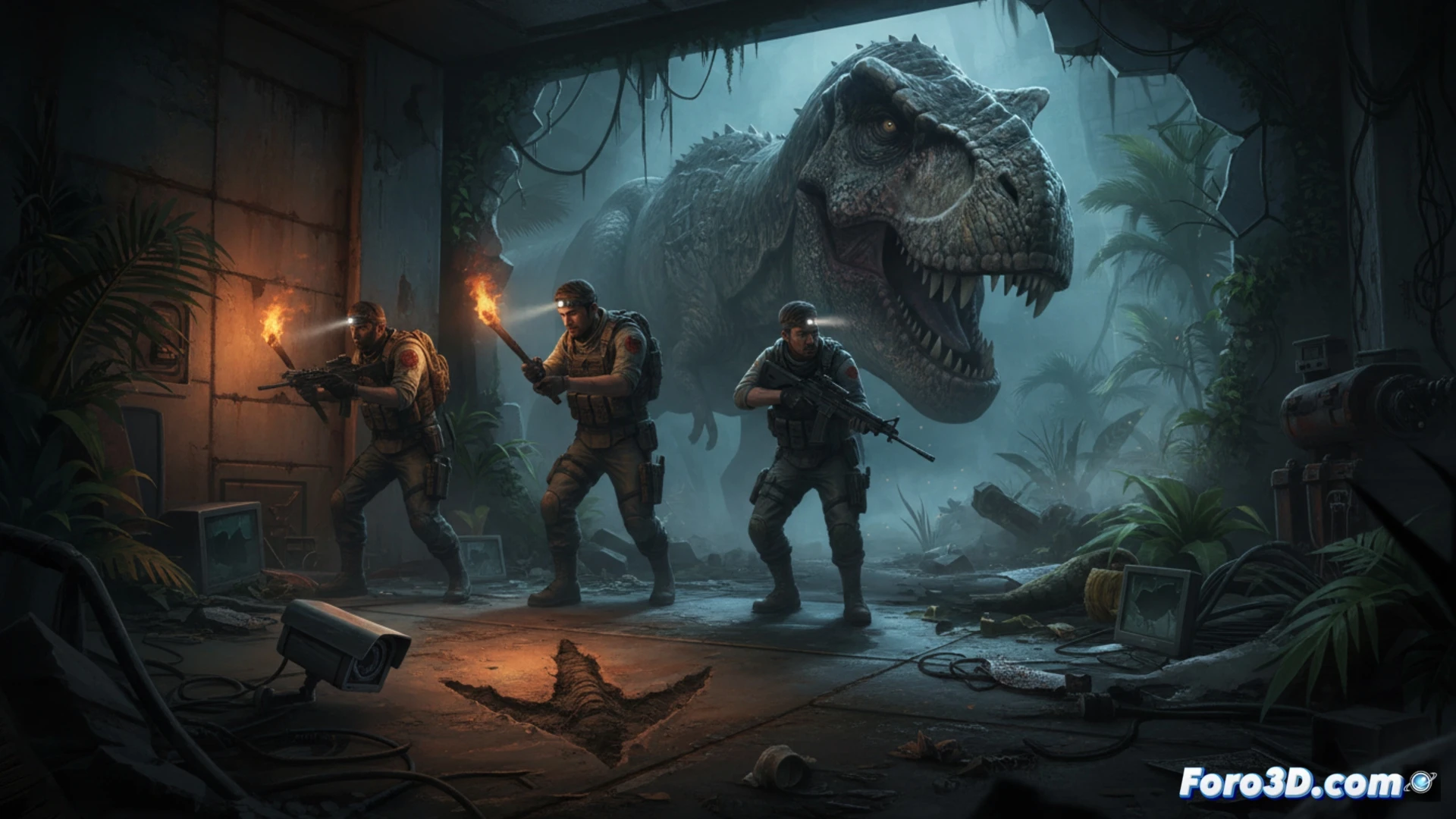 Deathground survival horror dinosaurios fotorrealistas Unreal Engine 5 iluminación dinámica tensión ambiental