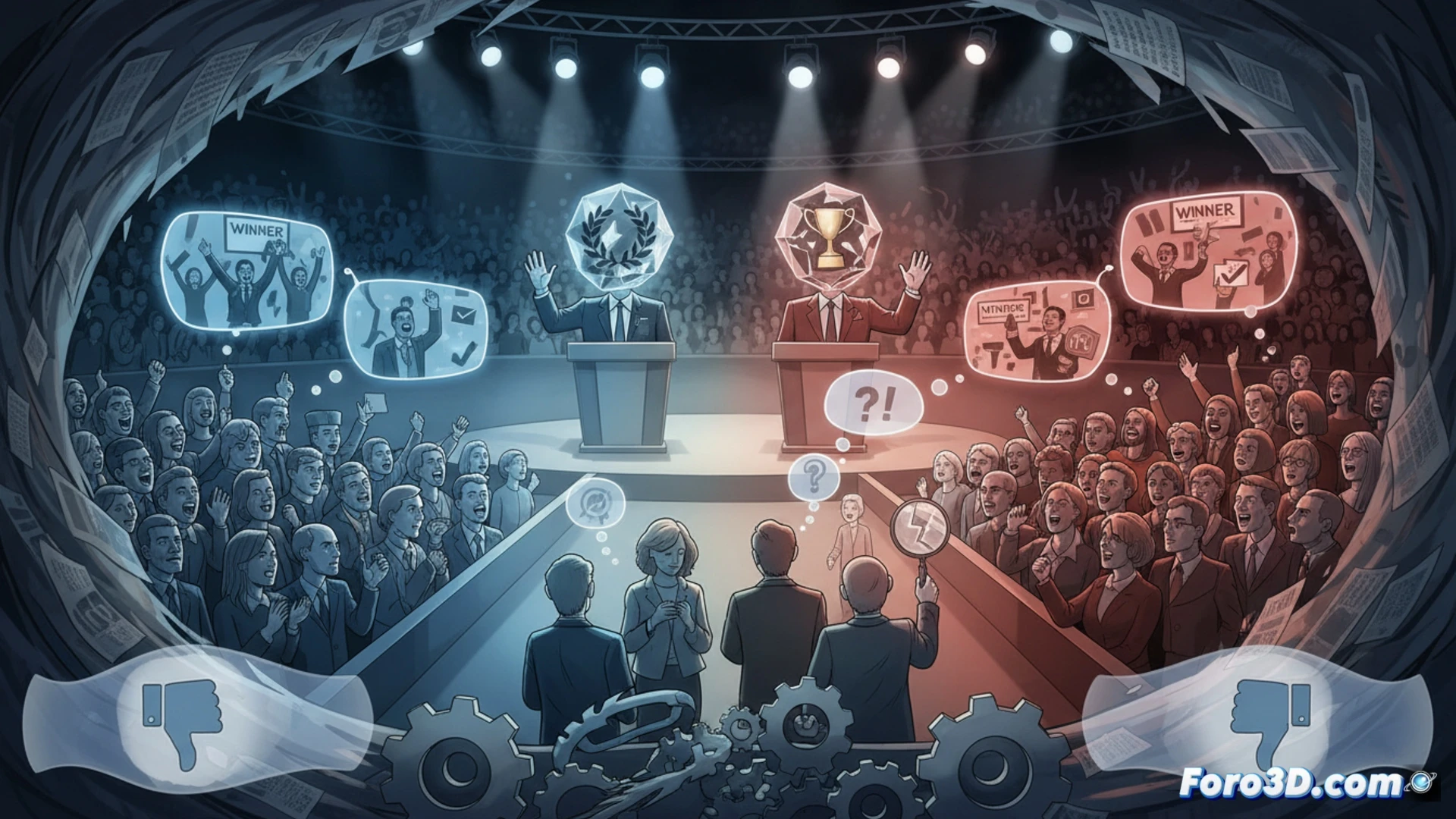 Cinematic photorealistic scene of a split-screen TV studio debate, two politicians standing at podiums with opposing campaign colors, each pointing at a different monitor showing the same debate footage but with contrasting highlighted moments, a technician adjusting a multi-camera rig in the foreground while a voting booth looms in the background, cables and broadcast equipment visible, dramatic studio lighting casting polarized shadows, the audience wearing polarized glasses with colored lenses, demonstrating cognitive bias through visual metaphor, ultra-detailed broadcast hardware, motion blur on spinning reels of tape, technical illustration style