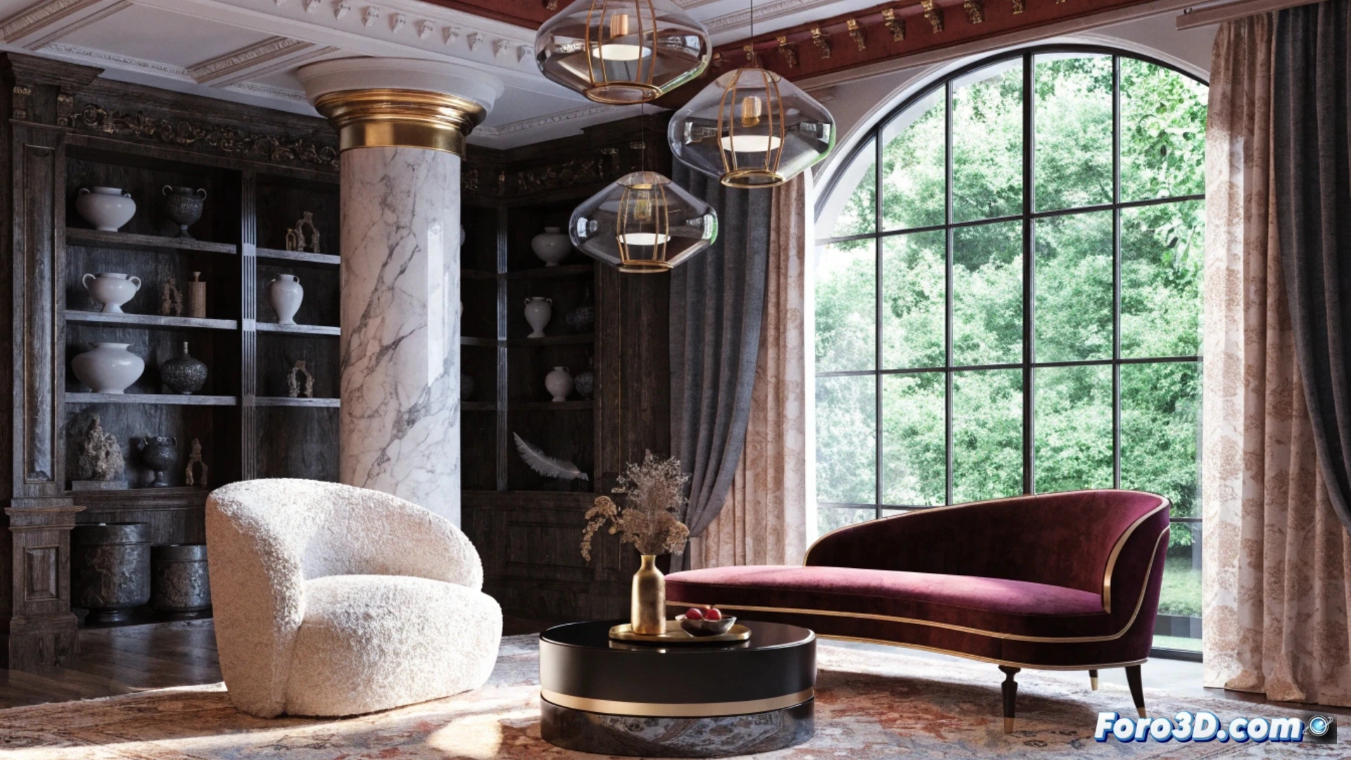 Decorador frente a pantalla táctil con modelo 3D de un salón realista, mostrando cambios de color, muebles y texturas.