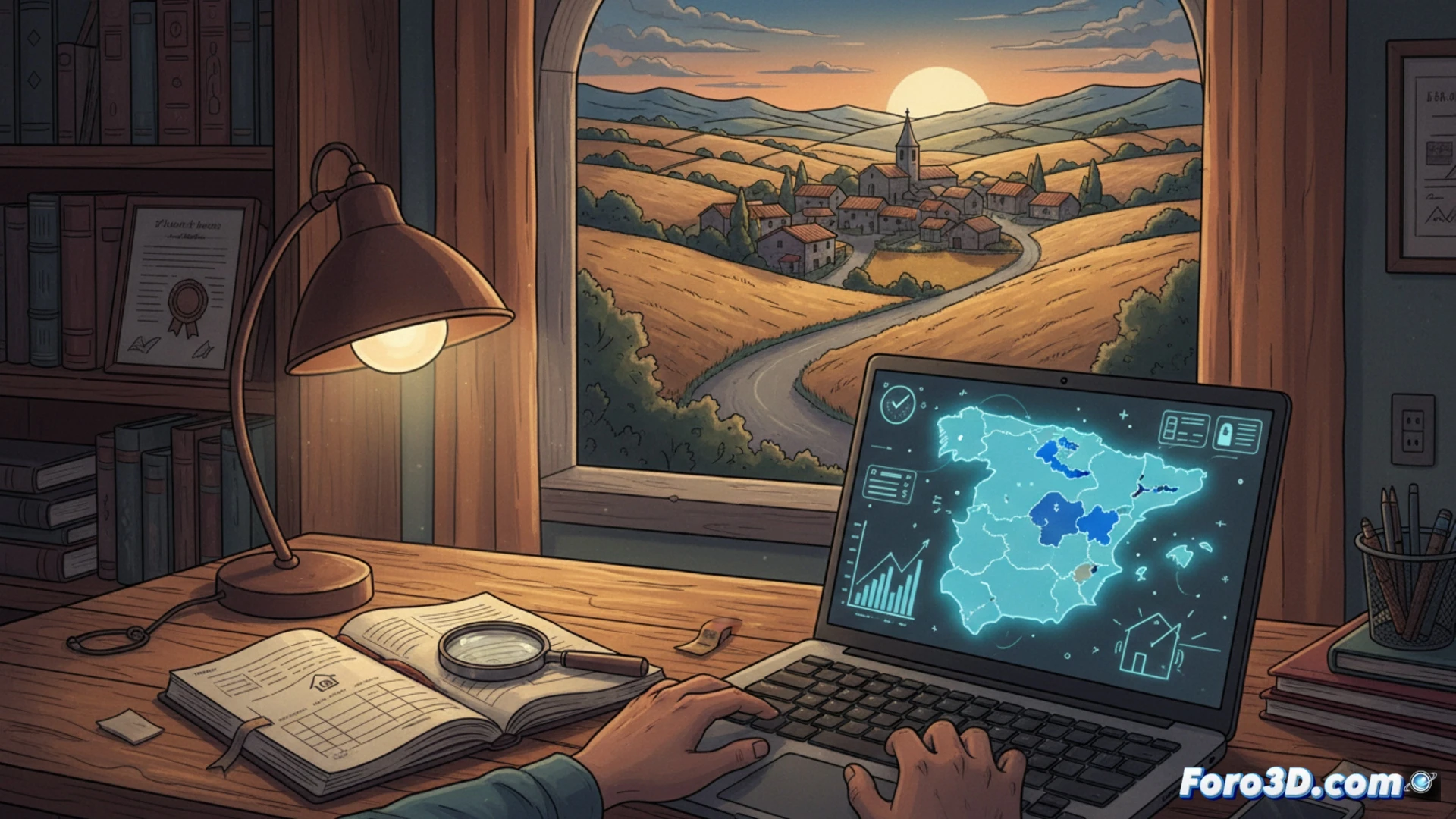 Una familia sonriente completa Renta Web en un ordenador, junto a un mapa de España con pueblos marcados en verde.