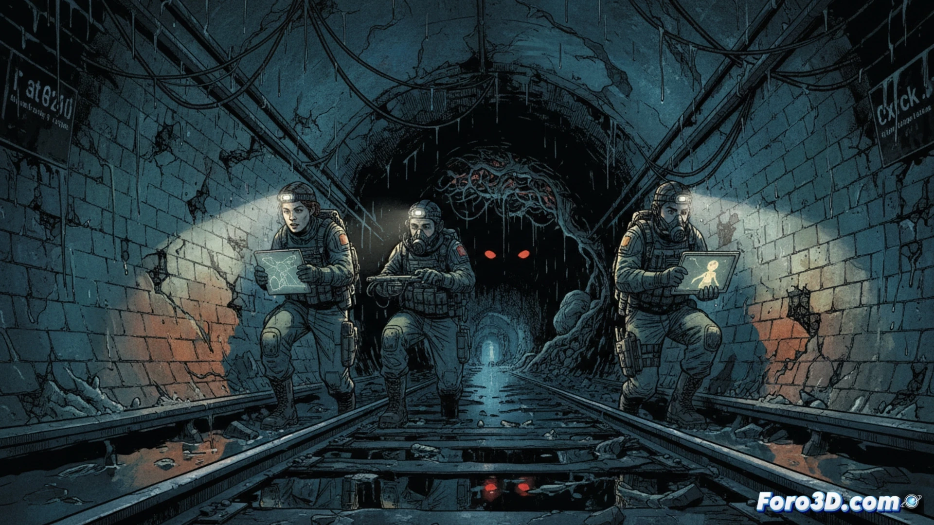 Descripción: Portada de la novela gráfica Deep Down: un equipo SWAT en túneles oscuros de Nueva York, linternas iluminan rostros tensos, fondo de vías y grafitis, atmósfera claustrofóbica y misteriosa.