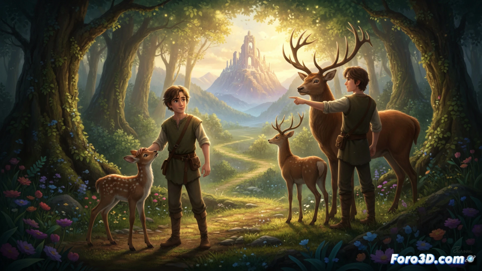 cinematic platformer scene showing a boy gently lifting a fragile fawn in a glowing forest clearing, the fawn transforming into a majestic stag with antlers glowing softly, boy and stag leaping together across floating stone platforms, sunlight filtering through ancient trees, stylized photorealistic rendering, warm golden hour lighting, particle effects of floating dust and fireflies, dynamic action pose mid-jump, soft fur textures, moss-covered ruins in background, heartwarming adventure atmosphere, ultra-detailed fantasy environment