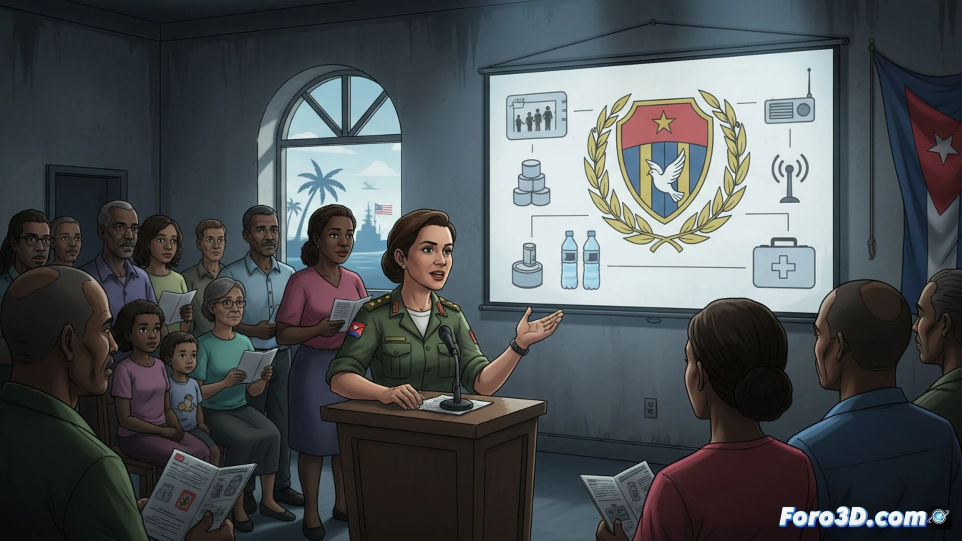 Cuban family shelter preparation scene, concrete bunker interior with reinforced walls, father checking emergency radio equipment and batteries, mother organizing water containers and canned food supplies on metal shelves, child holding flashlight while looking at printed evacuation map, civil defense pamphlet visible on table showing shelter diagrams, realistic documentary style, warm tungsten lamp lighting, concrete texture details, survival gear including first aid kit and gas mask, tense but calm atmosphere, photorealistic technical illustration