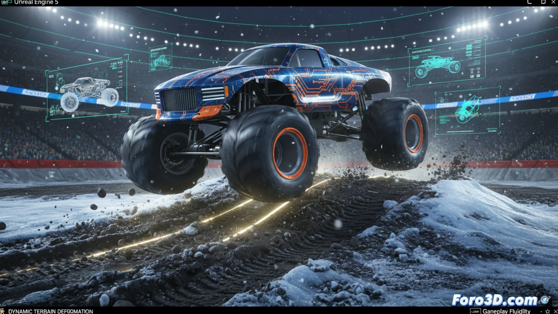 Monster Jam Showdown en Unreal Engine 5 con deformacion del terreno y reflejos Lumen en carrocerias cromadas