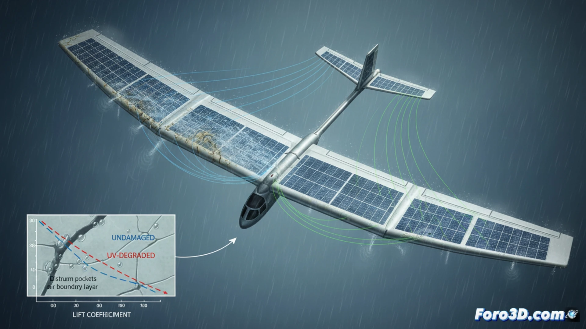 Ala de avión solar con recubrimiento degradado por UV y capa de agua microscópica