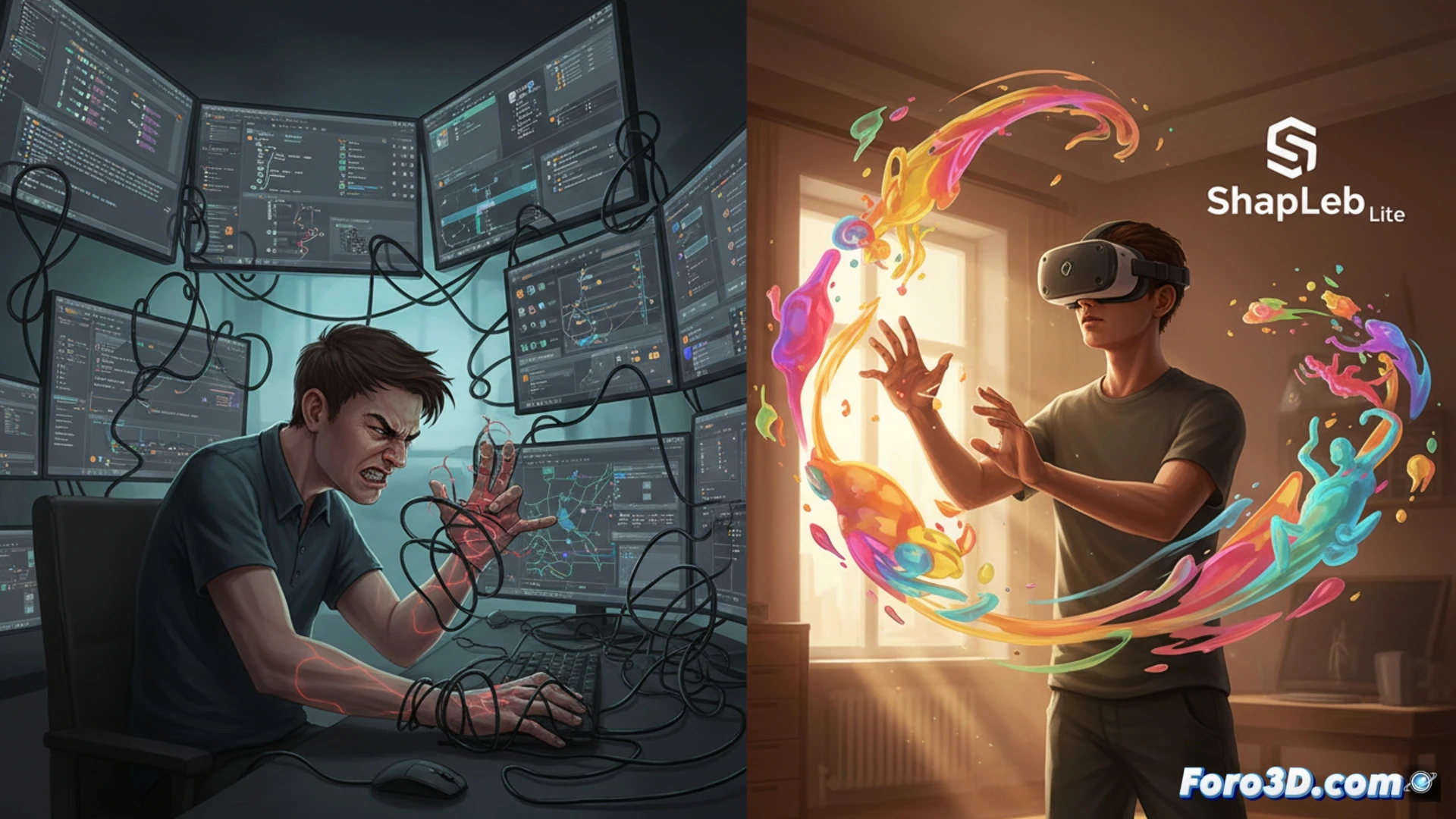 Unas manos virtuales esculpen una figura digital mientras el usuario, con gafas VR, sonríe frente a un fondo de menús 3D desordenados.