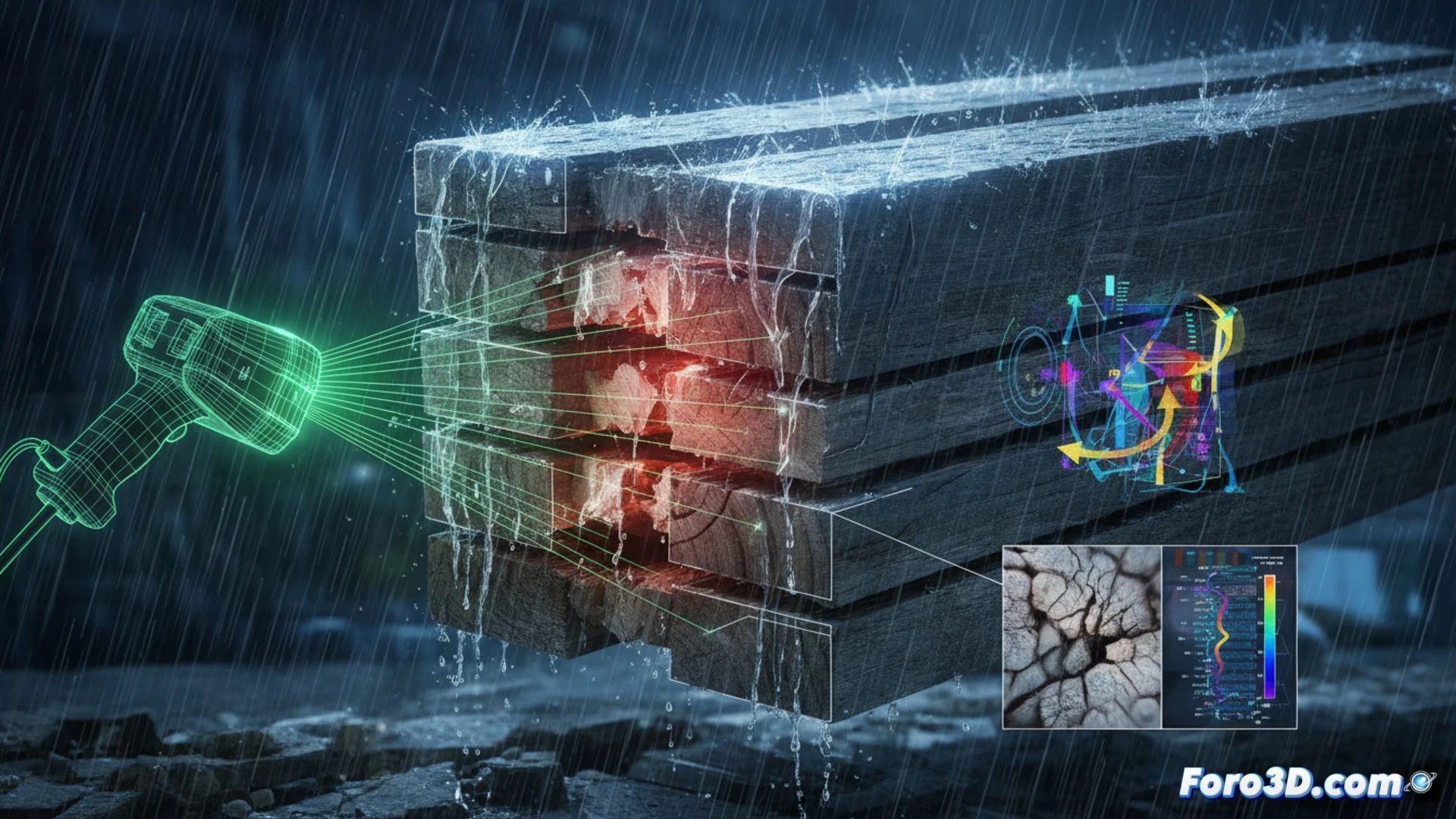 Escaneado láser 3D de delaminación en madera CLT tras fatiga por lluvia extrema
