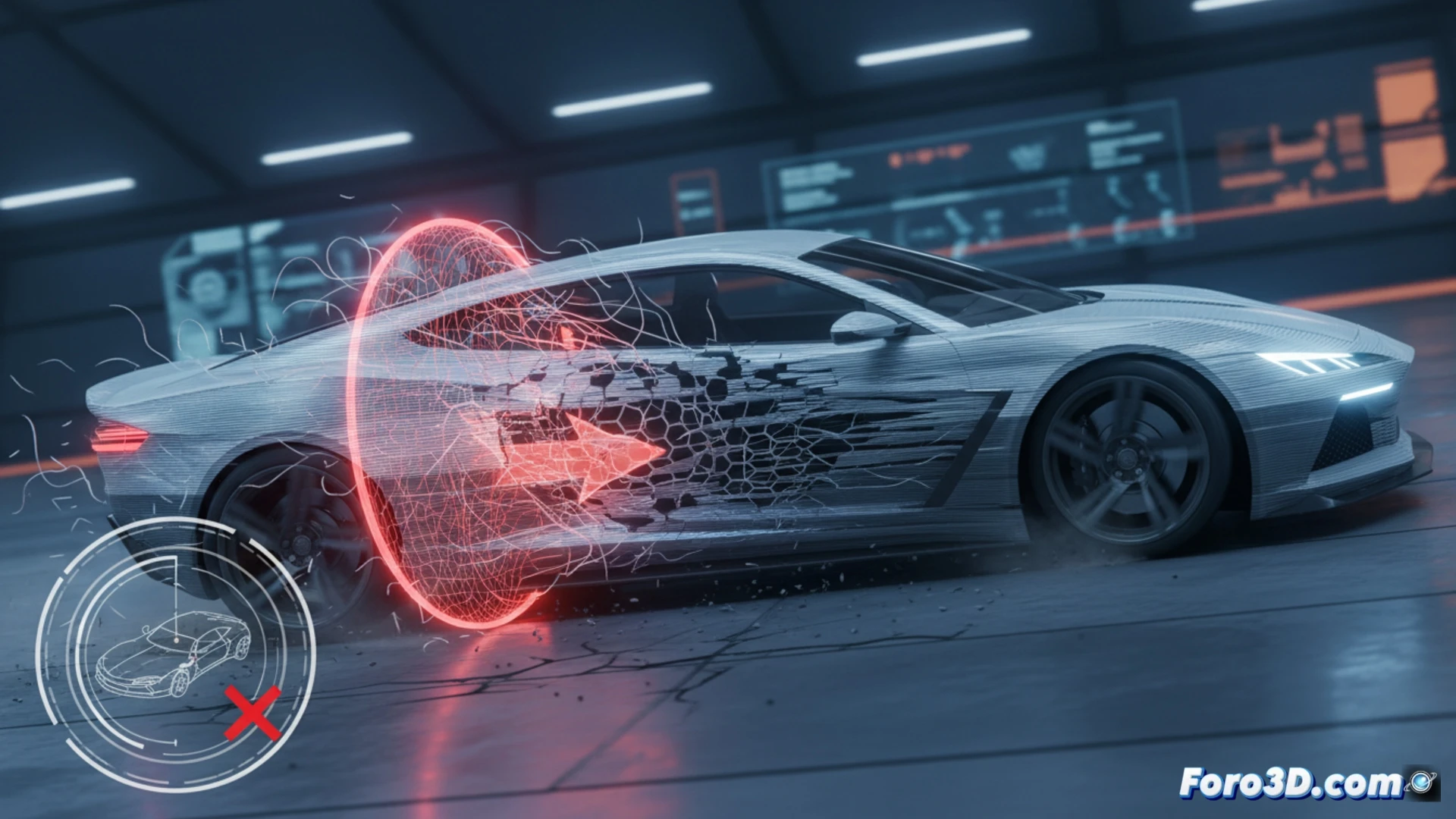 Coche 3D con delaminación por fatiga en capas, simulación de cargas laterales en Altair Inspire