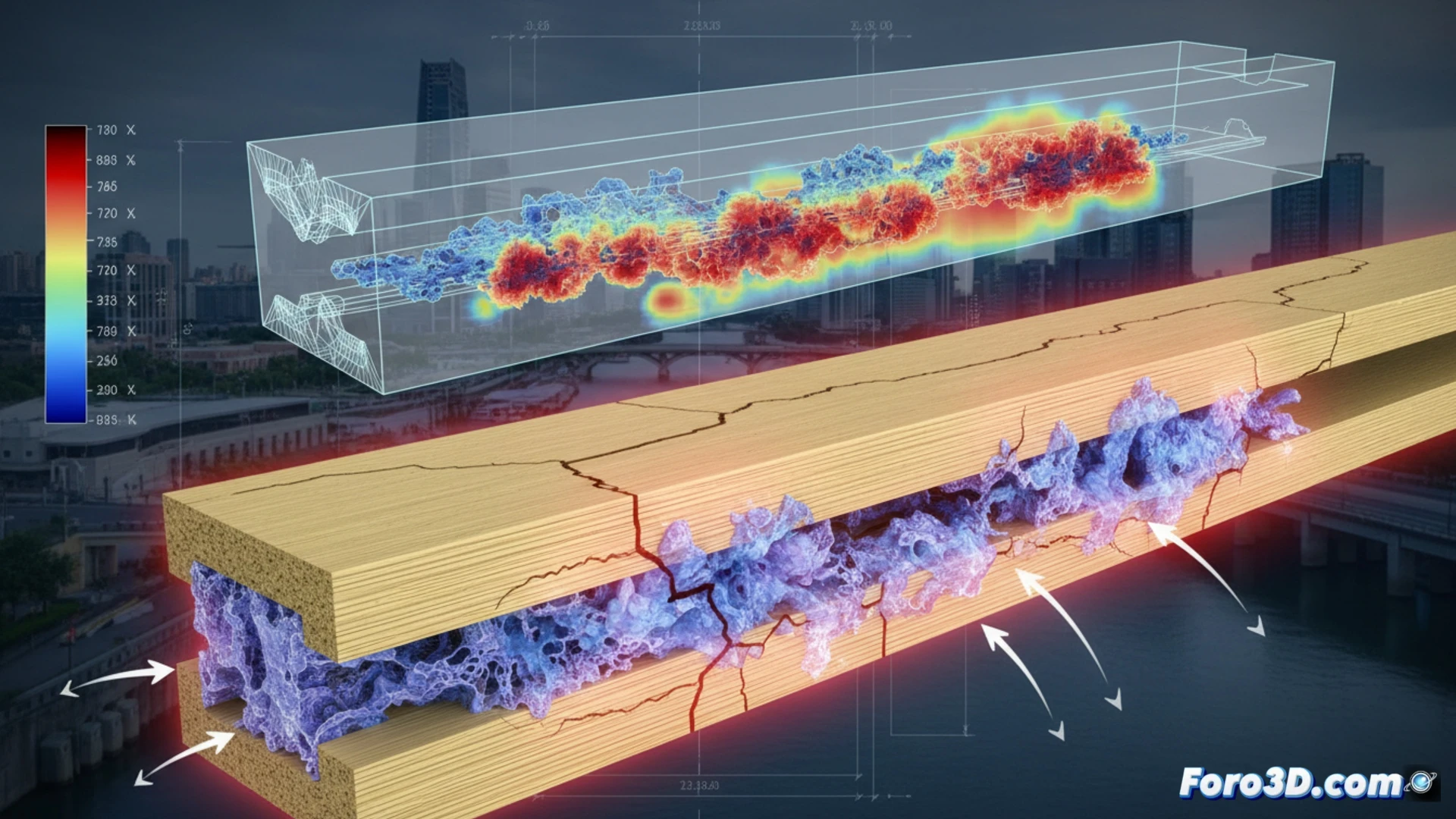 Mapa tridimensional de defectos internos en viga GFRP, mostrando zonas de delaminación y falta de impregnación de resina.