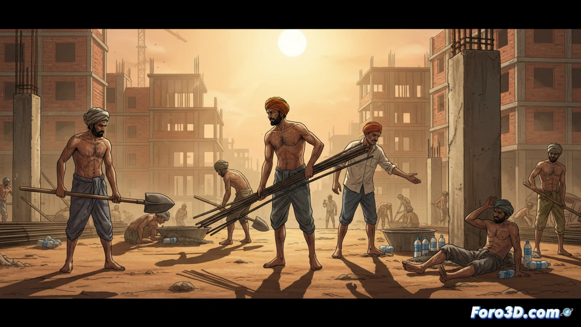 construction workers on a high-rise steel skeleton under intense 43°C Delhi sun, one worker drinking from a plastic bottle while another wipes sweat with a rag, exposed rebar and concrete mixers in background, heat haze rising from asphalt, no shade or protective gear visible, cinematic photorealistic documentary style, harsh midday sunlight casting deep shadows, dust particles suspended in air, sweat droplets on sunburnt skin, wide-angle lens emphasizing the vastness of the structure, industrial orange safety helmets reflecting glare, ultra-detailed textures of steel and concrete, realistic heat distortion effects