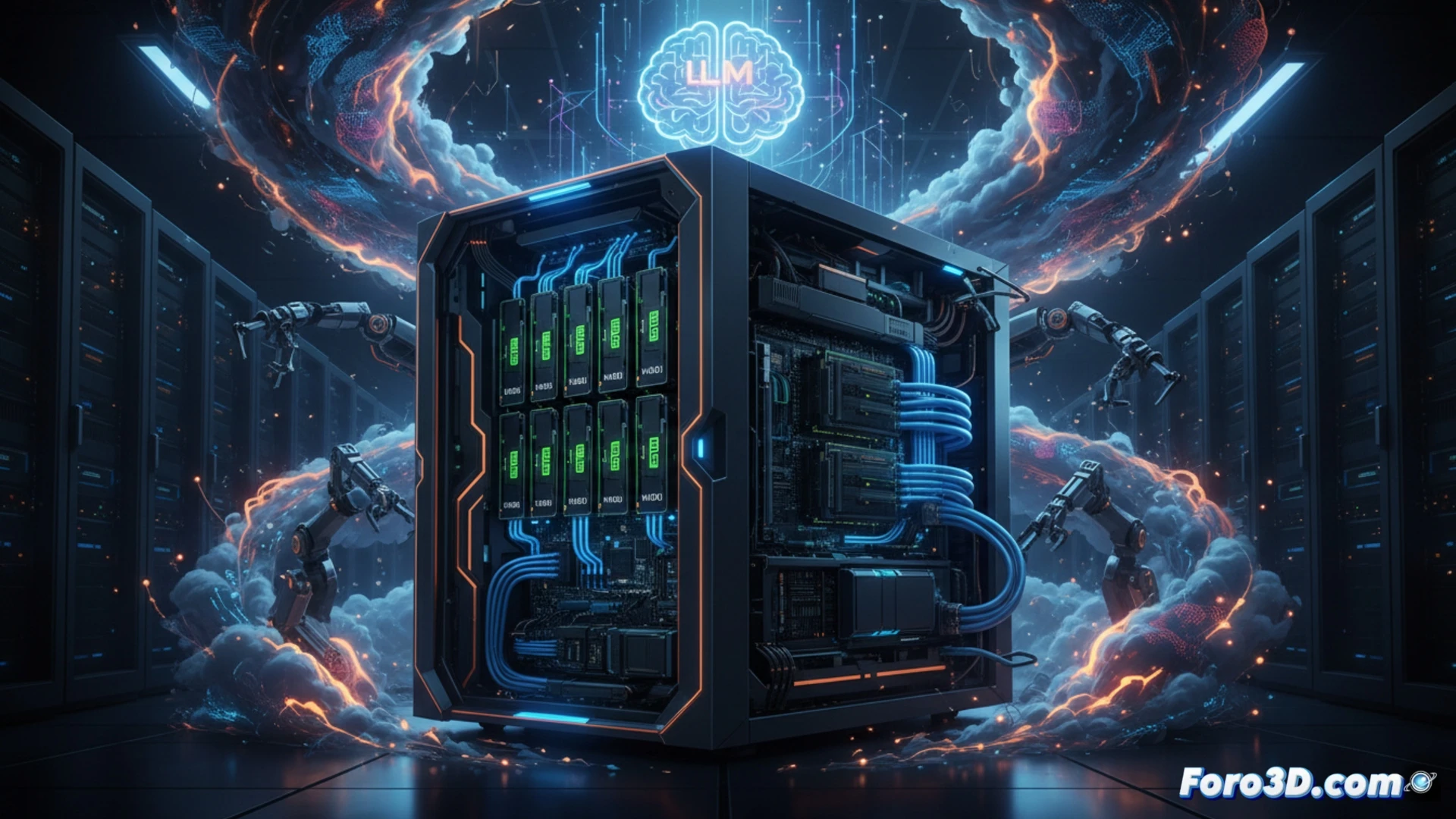 eight NVIDIA H100 GPUs actively processing data inside Dell PowerEdge XE9680 server chassis, GPU interconnect cables glowing with data transfer light pulses, cooling fans spinning at high speed, heat sinks dissipating thermal energy, server rack mounting rails visible, blue LED status indicators blinking, cinematic engineering visualization, photorealistic technical illustration, dramatic low-angle shot, metallic server interior with precise cable management, dust particles illuminated by internal lighting, ultra-detailed electronic components, industrial server room atmosphere