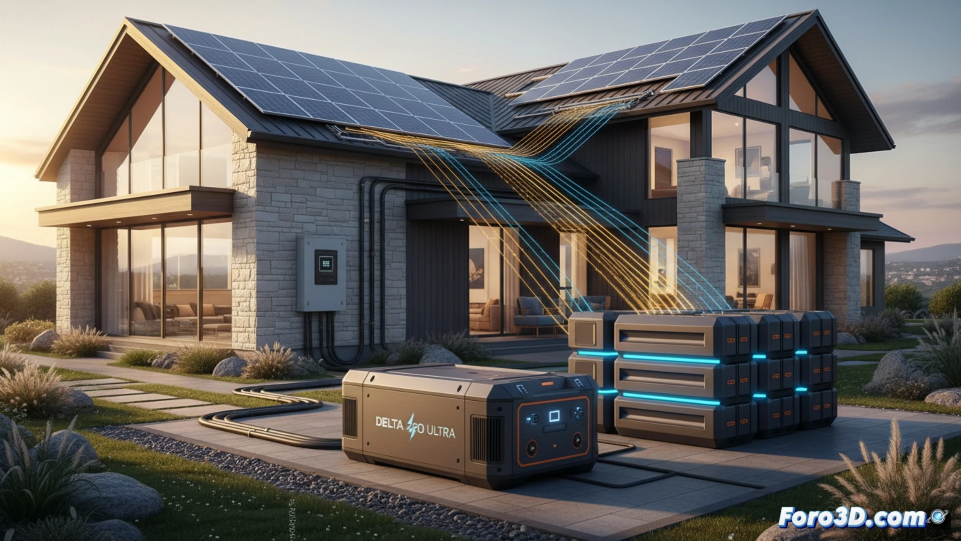 Modelo 3D del sistema Delta Pro Ultra con paneles solares y flujo energético residencial