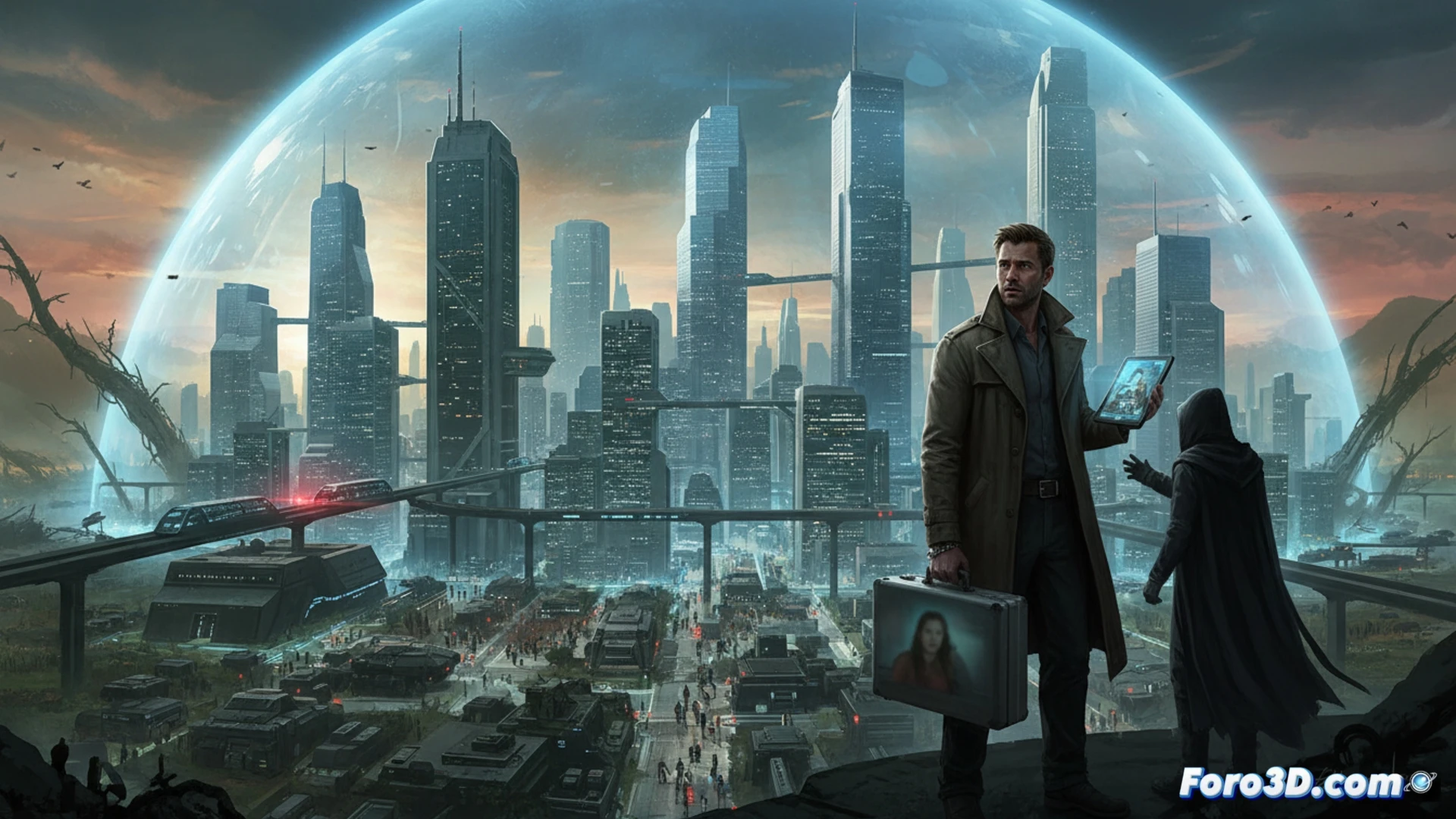 futuristic domed city Denver skyline with climate barriers and defense towers, a man in tactical gear holding a data tablet while a masked kidnapper drags a woman toward a fortified checkpoint, holographic security screens showing biometric scans failing, red laser sensors sweeping across concrete barriers, industrial air filtration vents emitting steam, cinematic cyberpunk noir style, photorealistic digital painting, dramatic storm clouds with orange toxic haze, rain-slicked metallic surfaces, glowing warning indicators on control panels, ultra-detailed surveillance drones hovering in background, tense hostage negotiation scene during a security breach, moody amber and blue lighting, high-contrast shadows, technical sci-fi infrastructure visualization