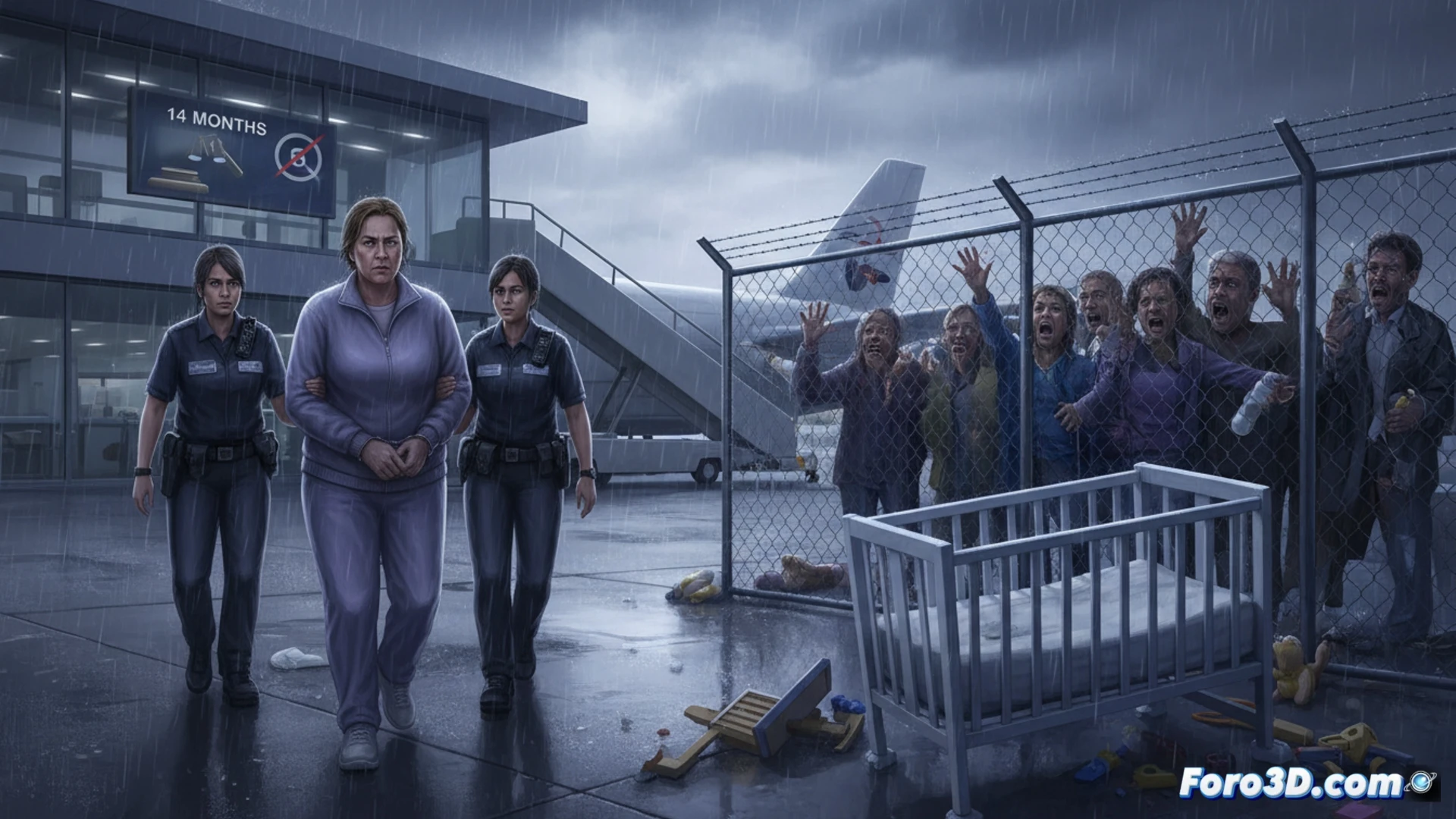 cinematic photorealistic scene of a nursery room at night, empty cribs with faint baby handprints on metal rails, a single overturned baby bottle on the floor, broken surveillance camera hanging from ceiling, shadow of a woman in prison uniform being escorted through a deportation gate, digital deportation document floating in foreground showing a shortened sentence timeline, cold blue institutional lighting, stark concrete walls, dramatic shadows, ultra-detailed textures of worn linoleum floor and crib bedding, forensic evidence markers on floor, high contrast technical crime scene visualization