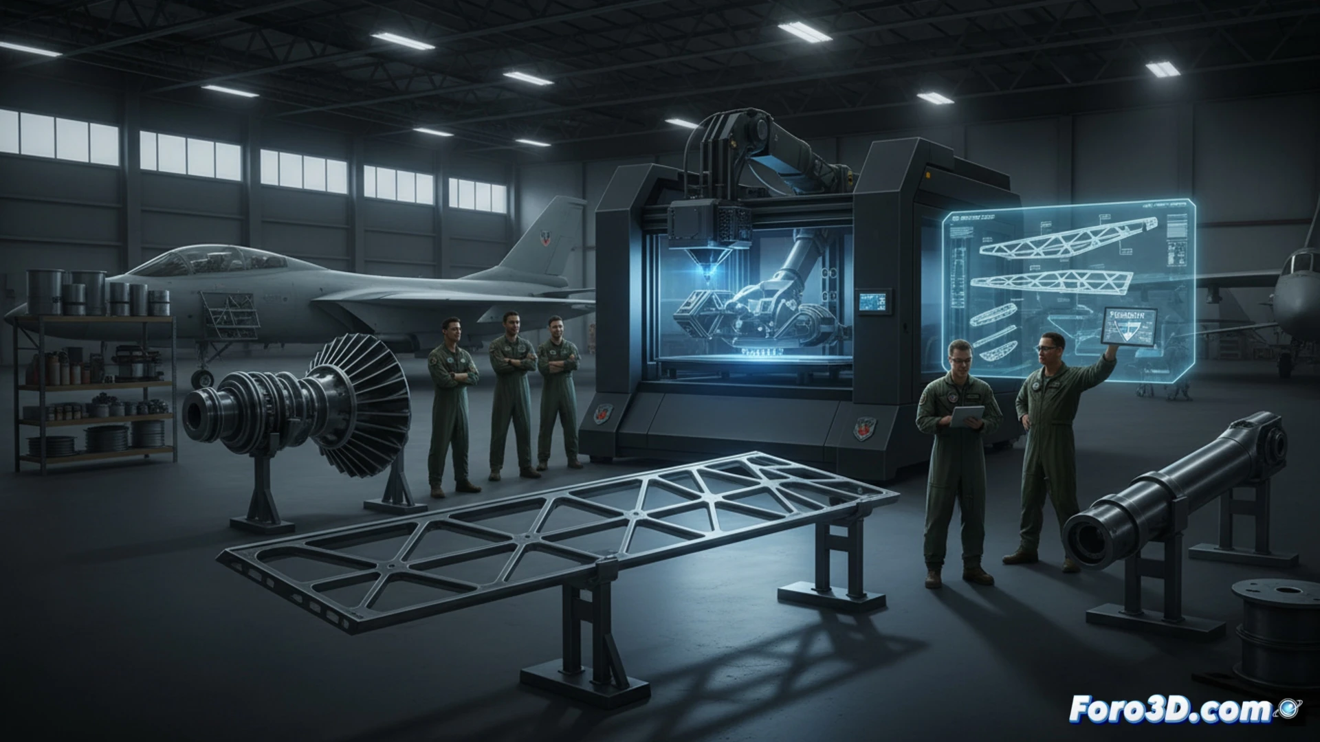 Depósito militar industrial, con luz azul, pieza metálica impresa en 3D con certificado de vuelo, sobre fondo de hangar y avión de combate.