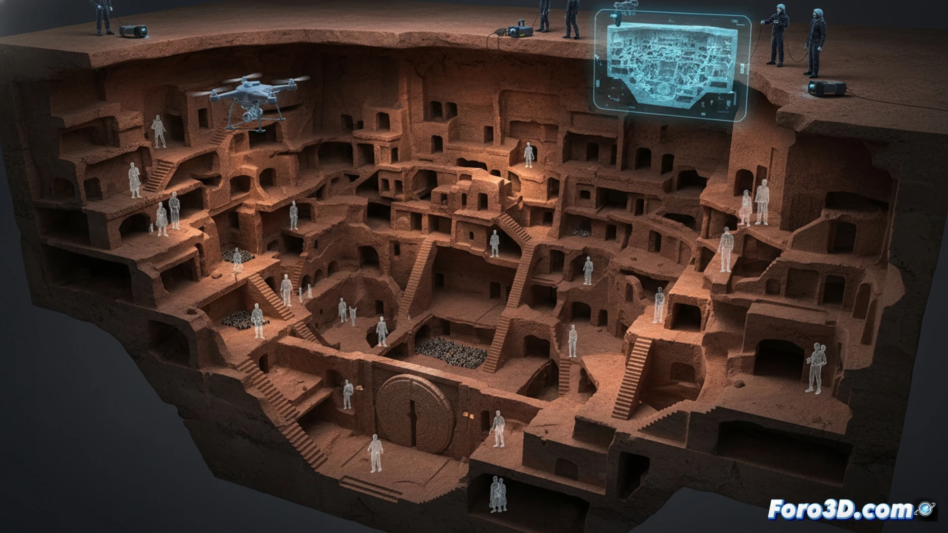 Modelo 3D de la ciudad subterránea de Derinkuyu en Capadocia, Turquía, con sus niveles y túneles visibles