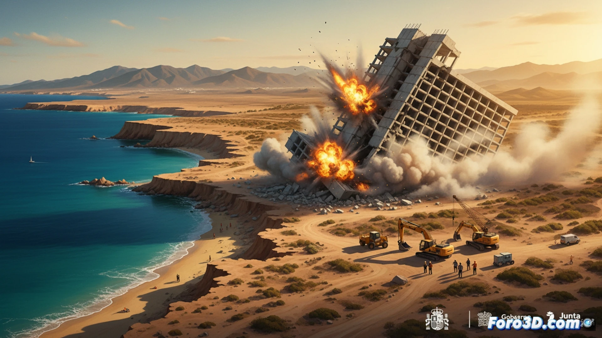 demolición de hotel El Algarrobico frente al mar en Cabo de Gata, excavadoras con martillos hidráulicos rompiendo columnas de hormigón, polvo blanco elevándose mientras muros se derrumban sobre dunas protegidas, grúas retirando escombros hacia camiones, cables de acero tensados sosteniendo vigas fracturadas, fondo de playa virgen y cielo azul claro, estilo cinematográfico fotorrealista, iluminación natural de mediodía, texturas rugosas de cemento y arena, contraste entre naturaleza y ruina industrial, composición dramática con ángulo bajo