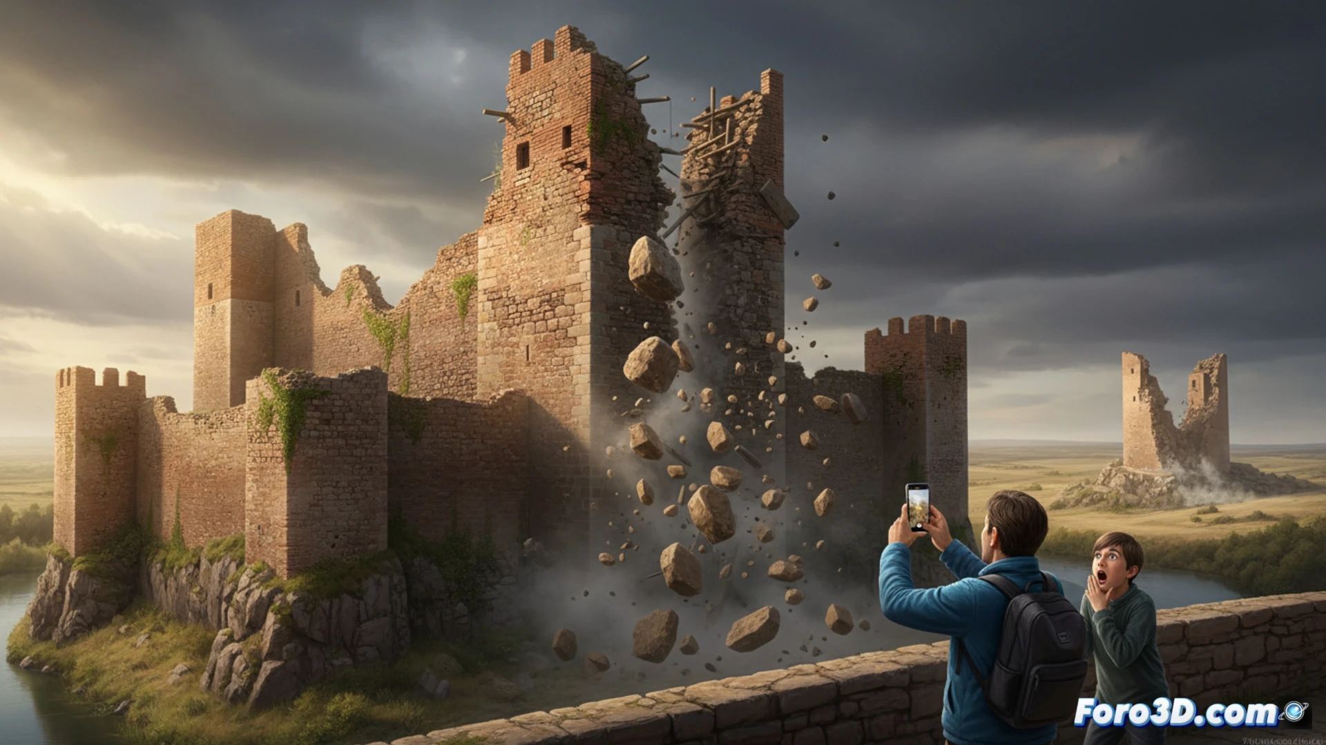 medieval stone tower collapsing in slow motion, large sandstone blocks breaking apart and falling, dust clouds erupting during the structural failure, castle battlements and adjacent walls visible in background, cinematic technical visualization, fractured mortar lines showing progressive crack propagation, debris trajectories with glowing stress markers, photorealistic engineering render, dramatic golden hour sunlight casting long shadows, abandoned fortress setting with dry vegetation, ultra-detailed masonry textures, high-speed camera action shot