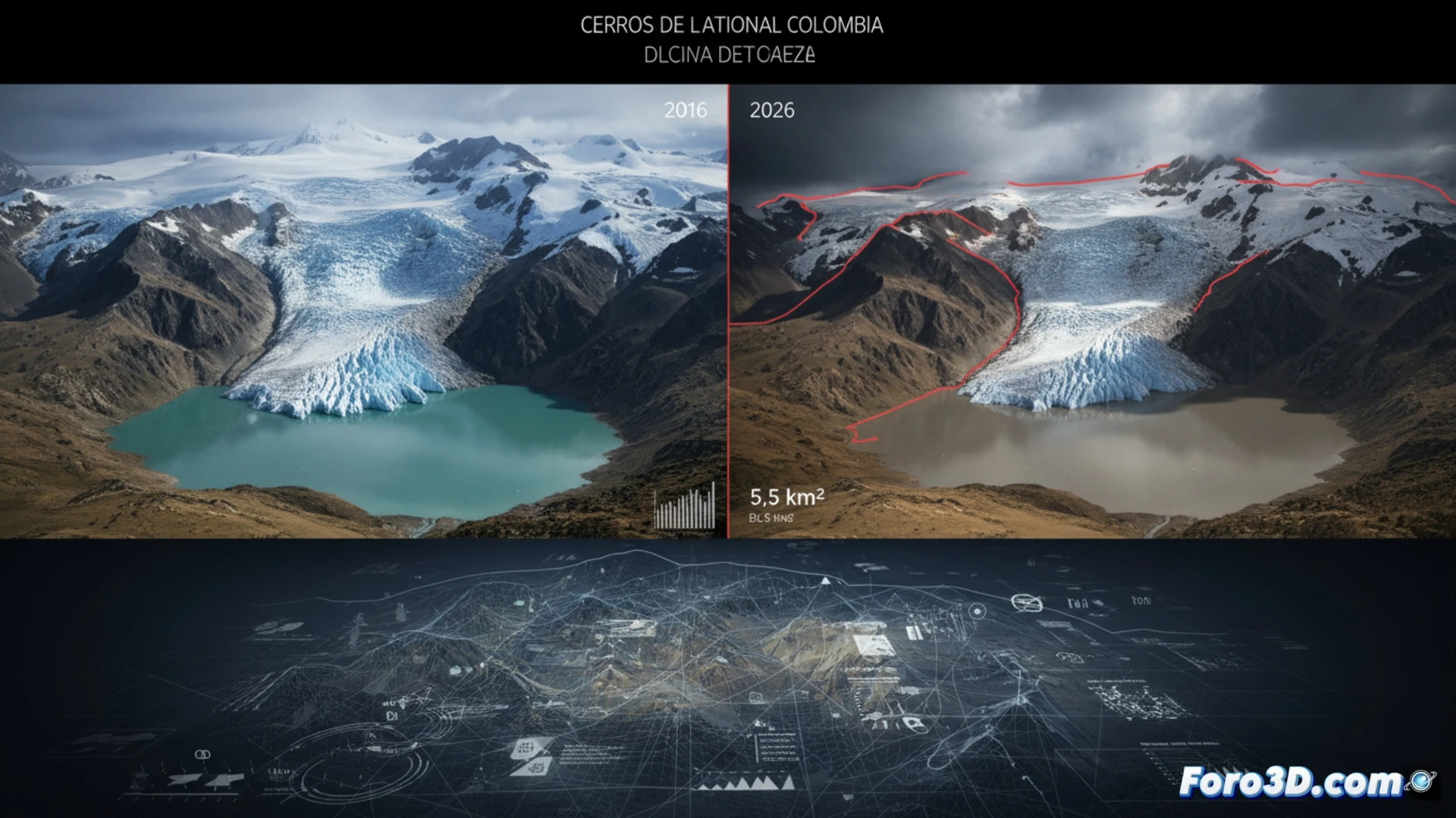 Modelado 3D del glaciar Cerros de la Plaza desaparecido en Colombia, imágenes satelitales Copernicus Sentinel-2